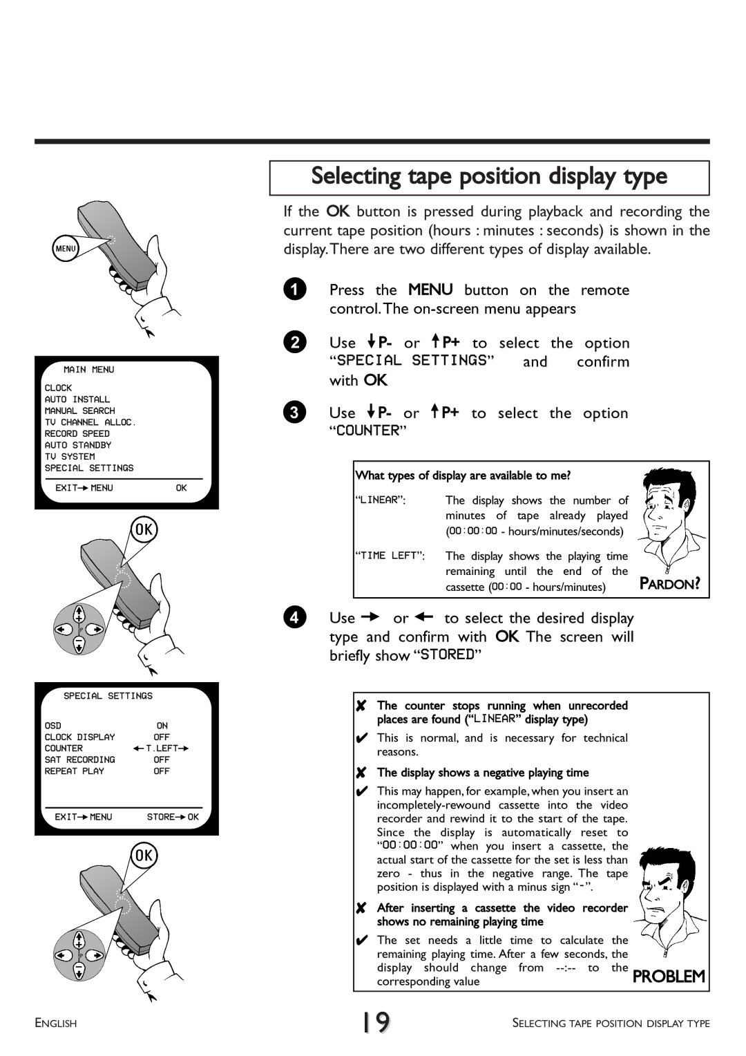 Philips VR 617/07 operating instructions Selecting tape position display type, Special Settings, Confirm 