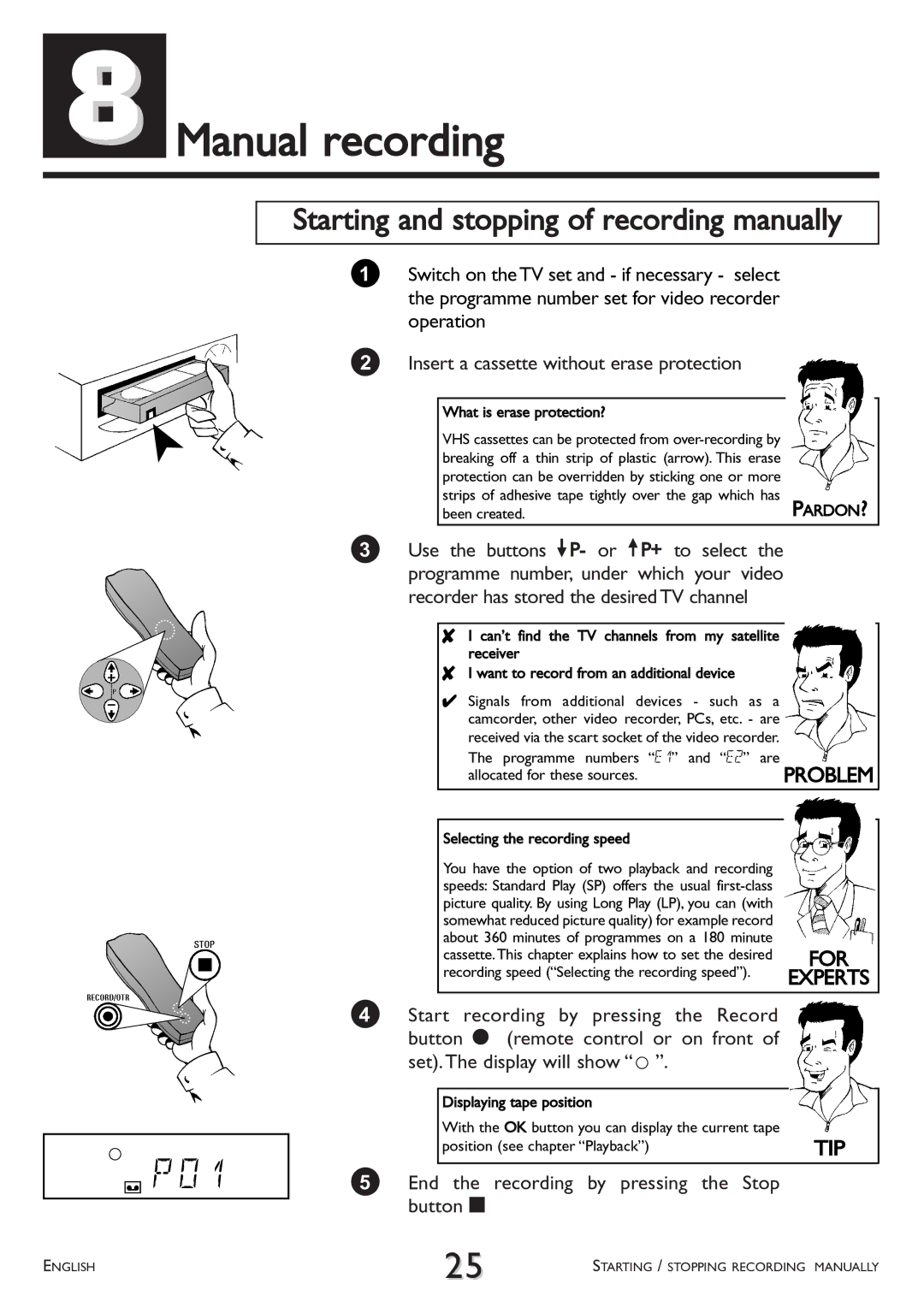 Philips VR 617/07 operating instructions Manual recording, Starting and stopping of recording manually, For 