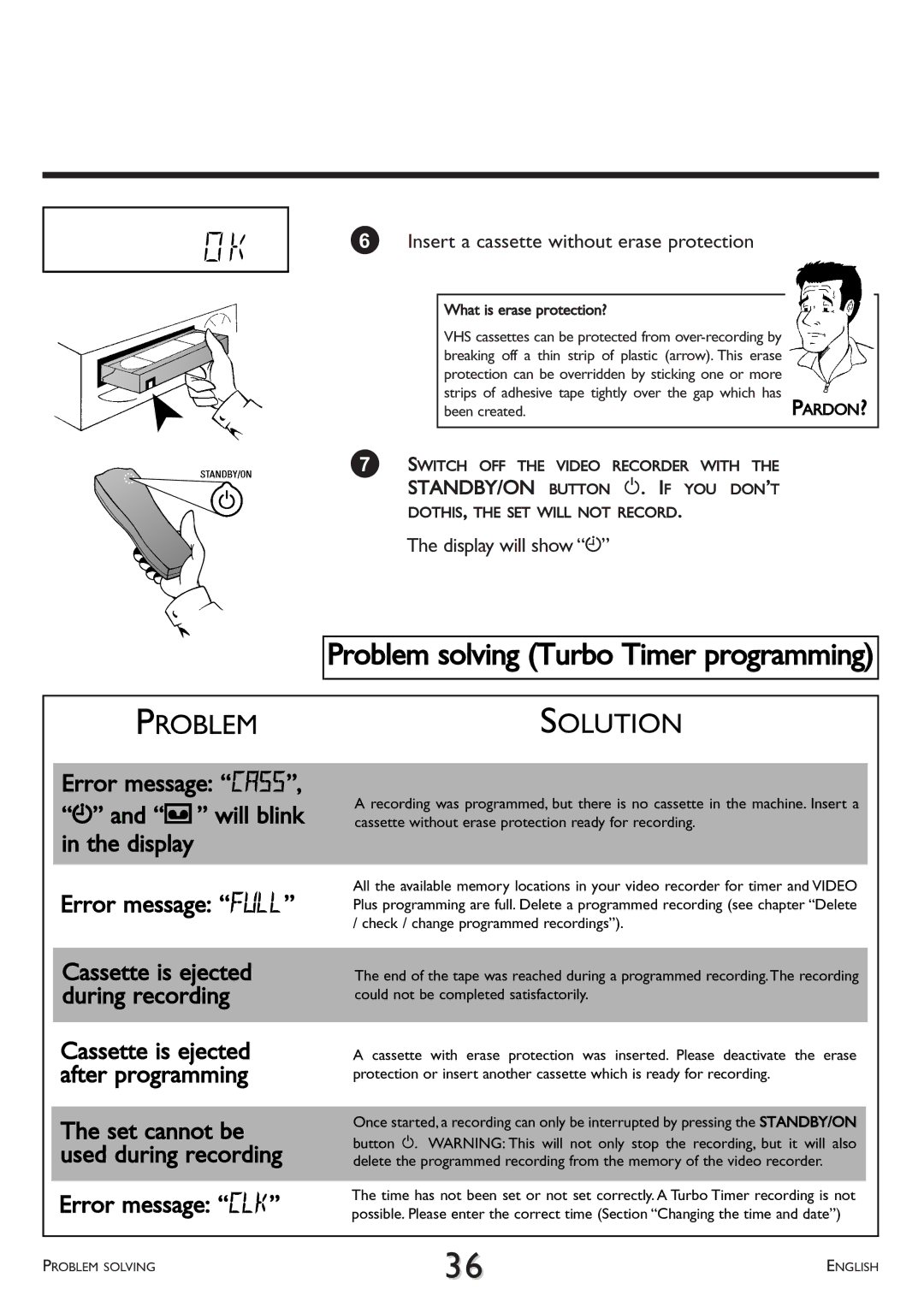 Philips VR 617/07 operating instructions Problem solving Turbo Timer programming 