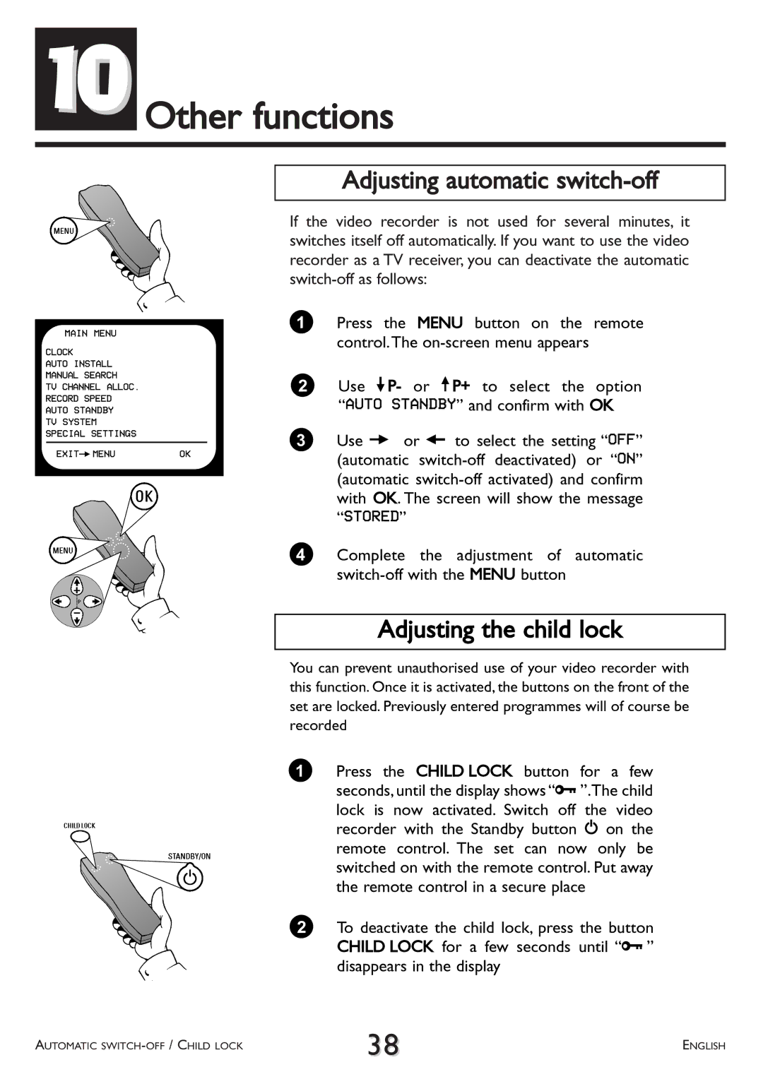 Philips VR 617/07 operating instructions 10Other functions, Adjusting automatic switch-off, Adjusting the child lock 