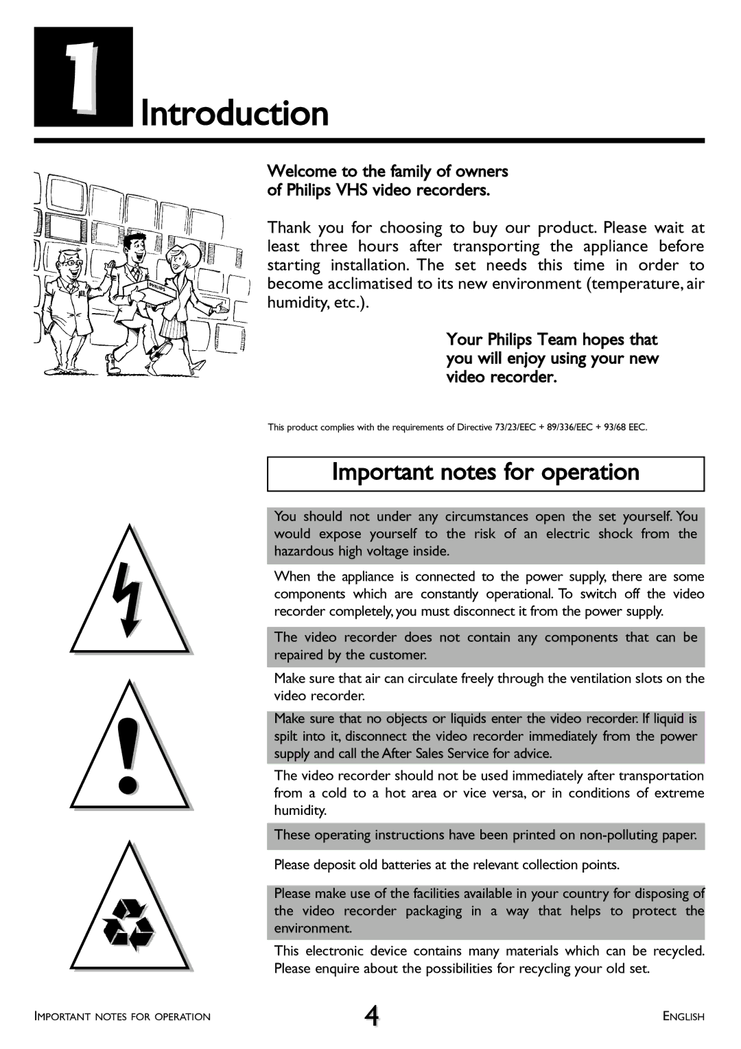 Philips VR 617/07 operating instructions Introduction, Important notes for operation 