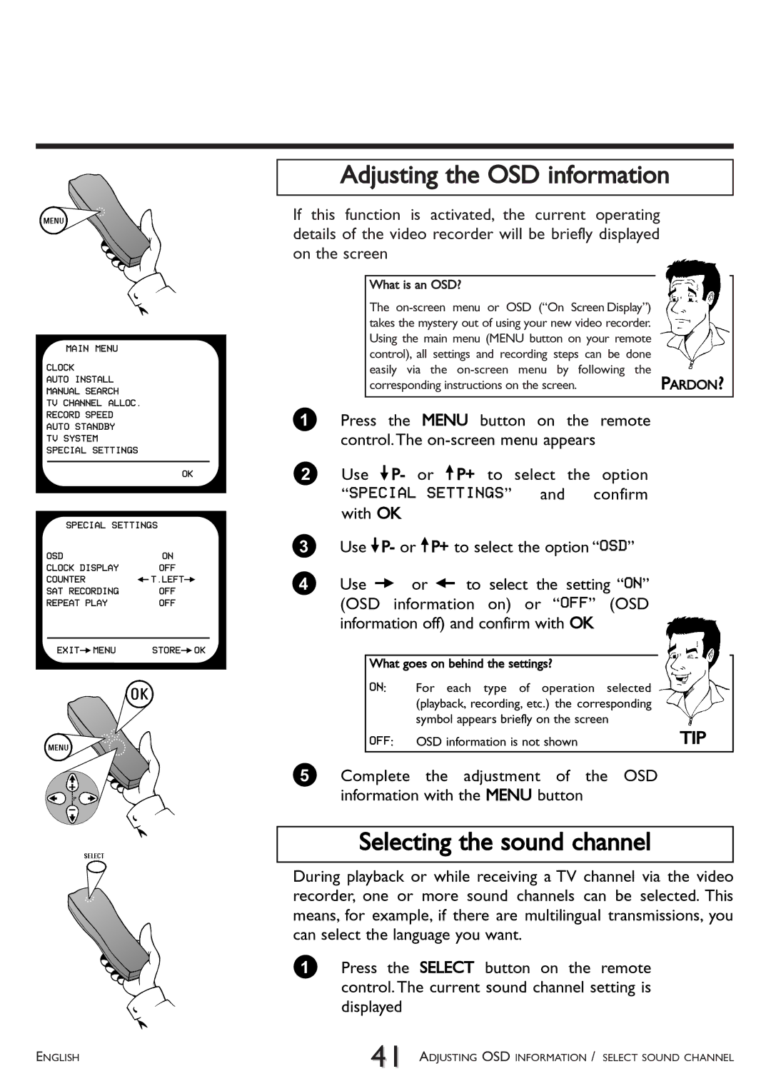 Philips VR 617/07 operating instructions Adjusting the OSD information, Selecting the sound channel 