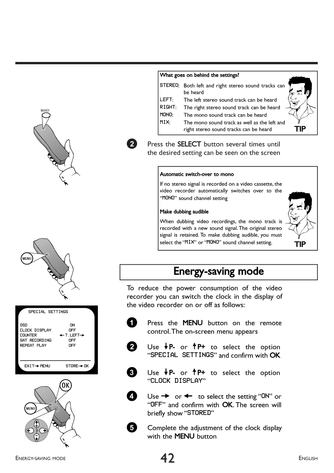 Philips VR 617/07 Energy-saving mode, Clock Display, Mono sound track can be heard, Mono sound track as well as the left 