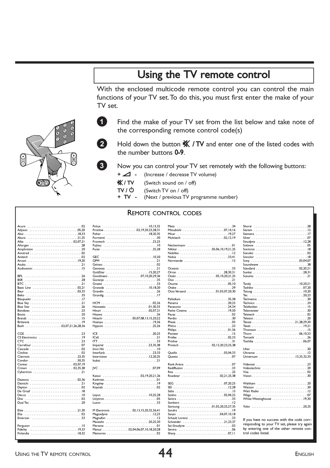 Philips VR 617/07 operating instructions Using the TV remote control, Remote Control Codes 