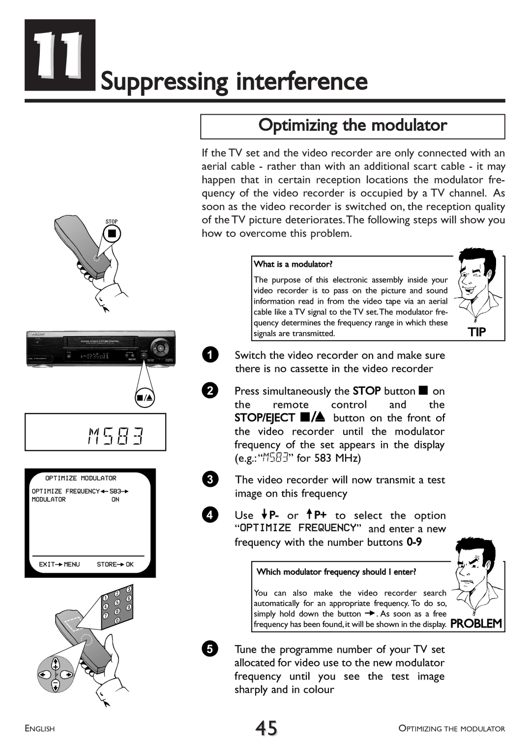 Philips VR 617/07 operating instructions 11Suppressing interference, Optimizing the modulator, Signals are transmitted 