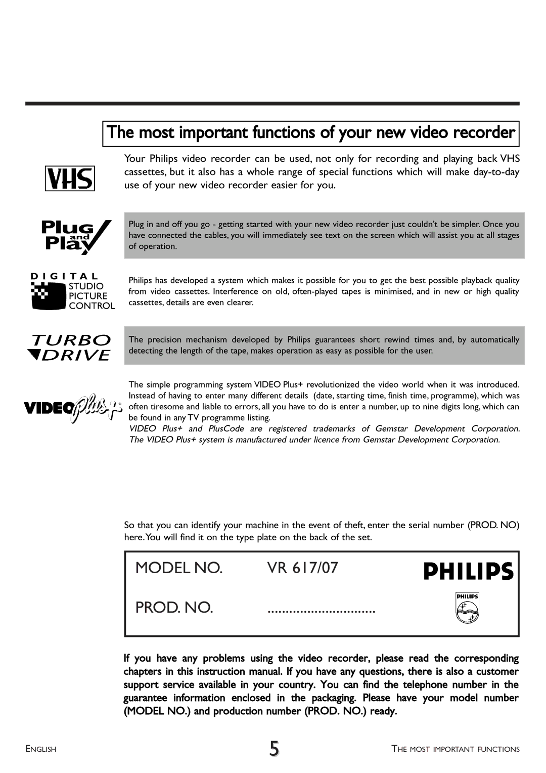 Philips VR 617/07 operating instructions Most important functions of your new video recorder 