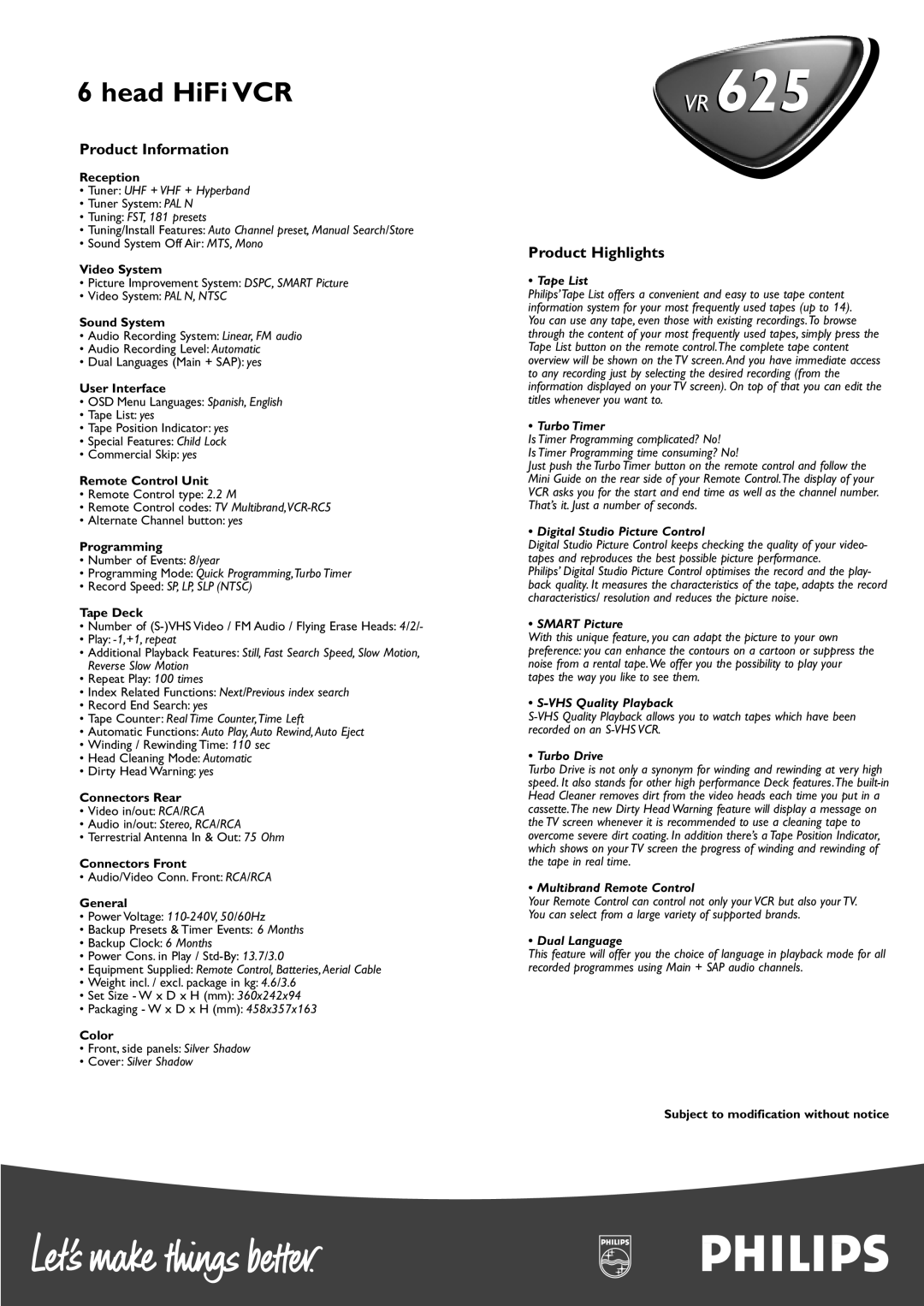 Philips VR 625 Tape List, Turbo Timer, Digital Studio Picture Control, Smart Picture, VHS Quality Playback, Turbo Drive 