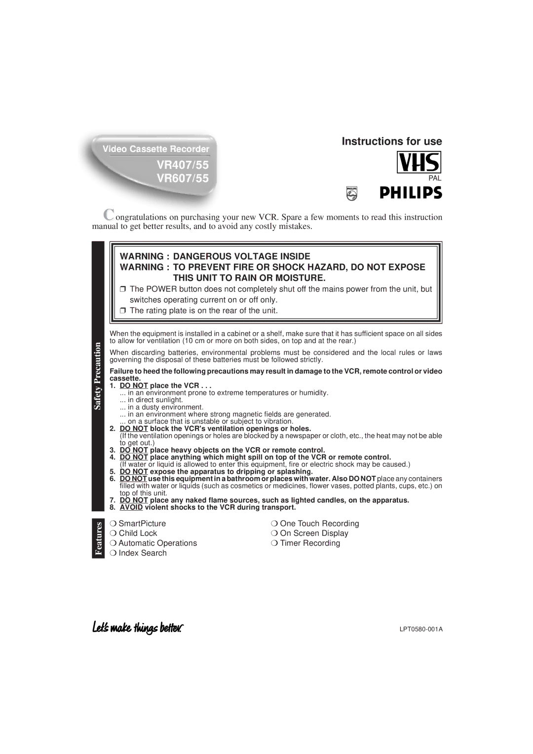 Philips VR 655, VR455 instruction manual VR407/55 VR607/55, Do not block the VCRs ventilation openings or holes 