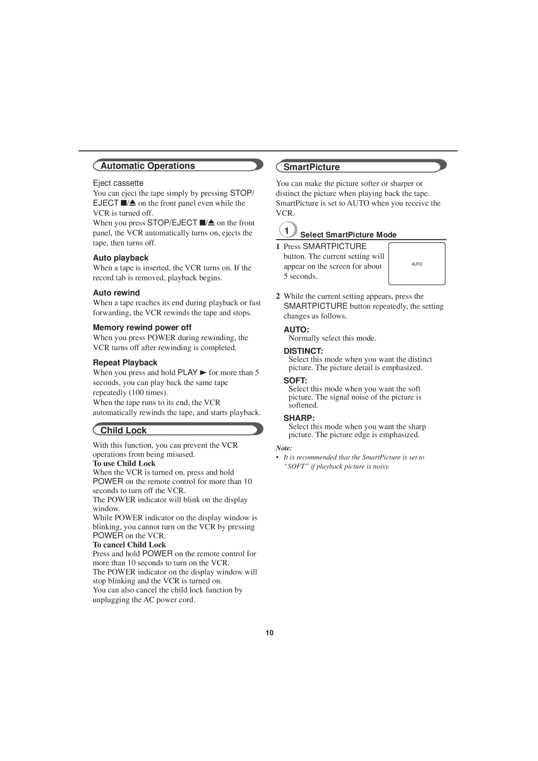 Philips VR607, VR 655, VR455 instruction manual Automatic Operations, Child Lock, Select SmartPicture Mode 