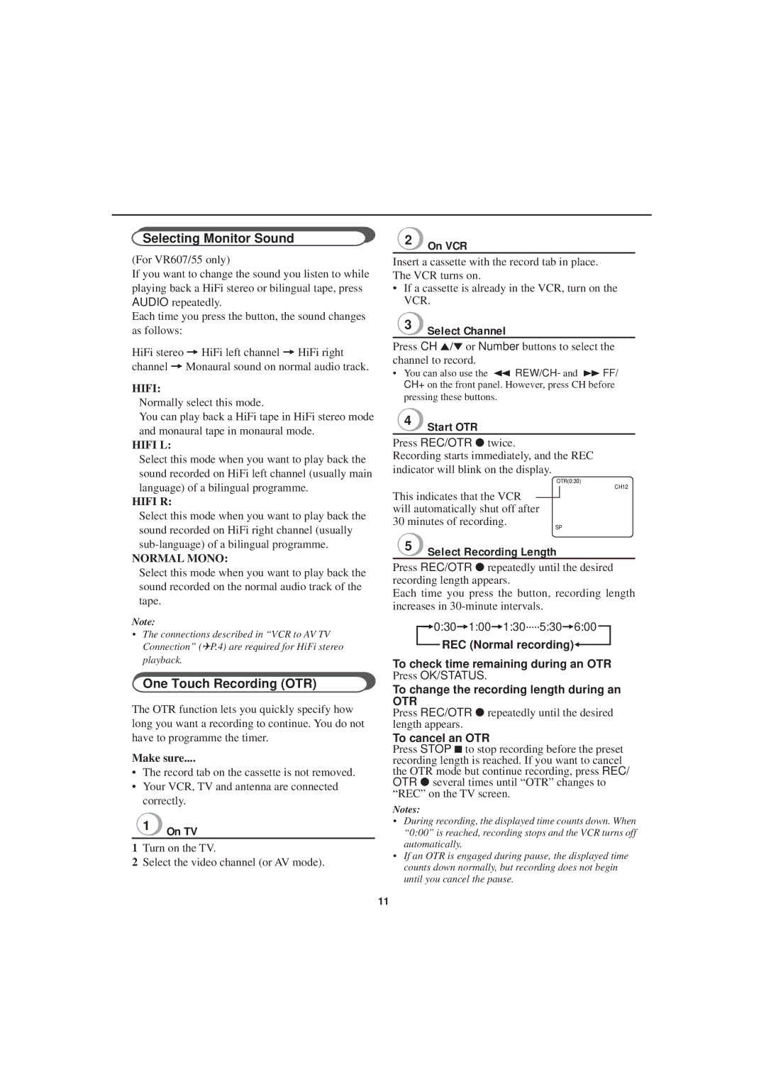 Philips VR455, VR 655 Selecting Monitor Sound, One Touch Recording OTR, Select Channel, Start OTR, Select Recording Length 