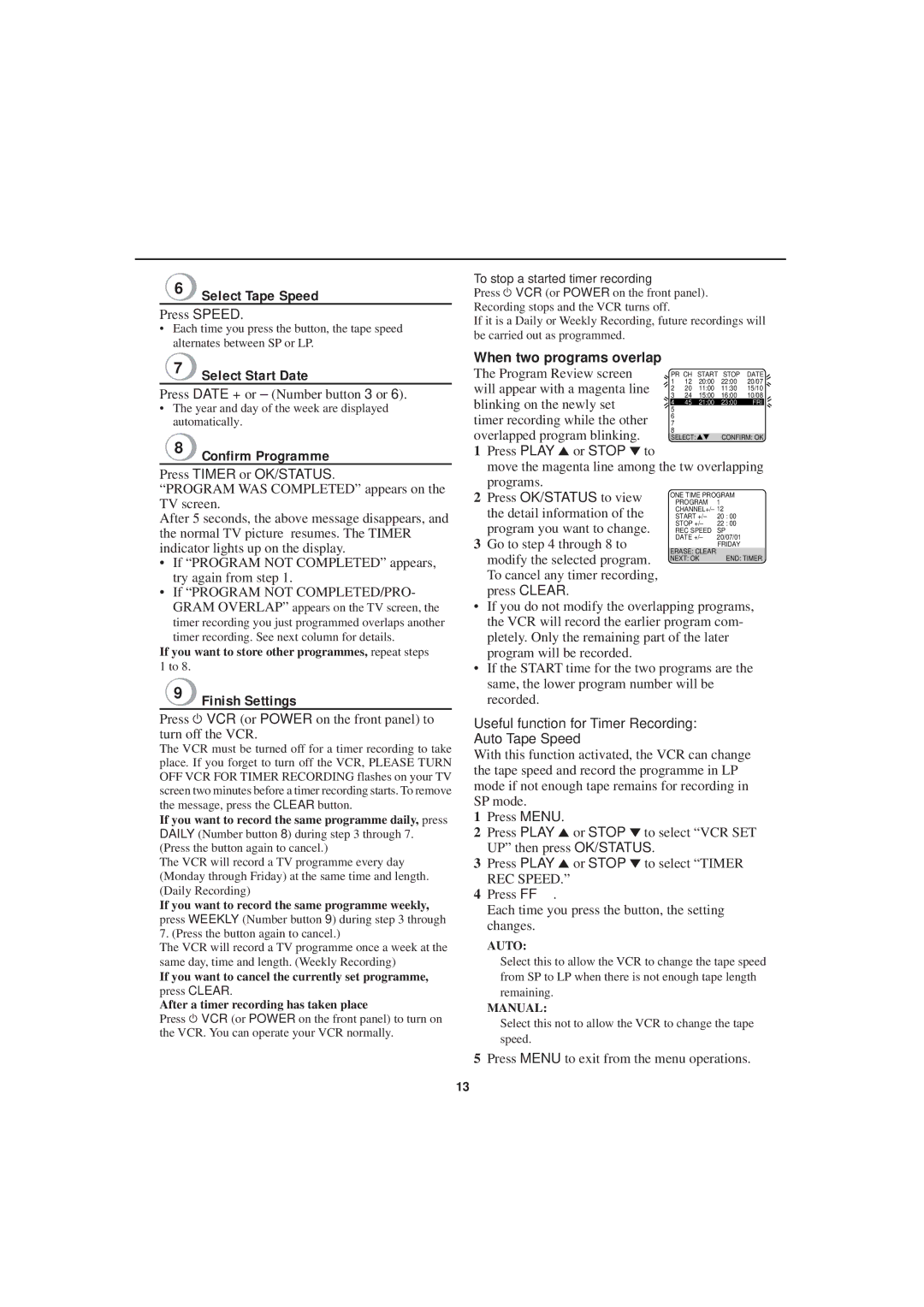 Philips VR607, VR 655, VR455 Select Start Date, Confirm Programme, Finish Settings, When two programs overlap 