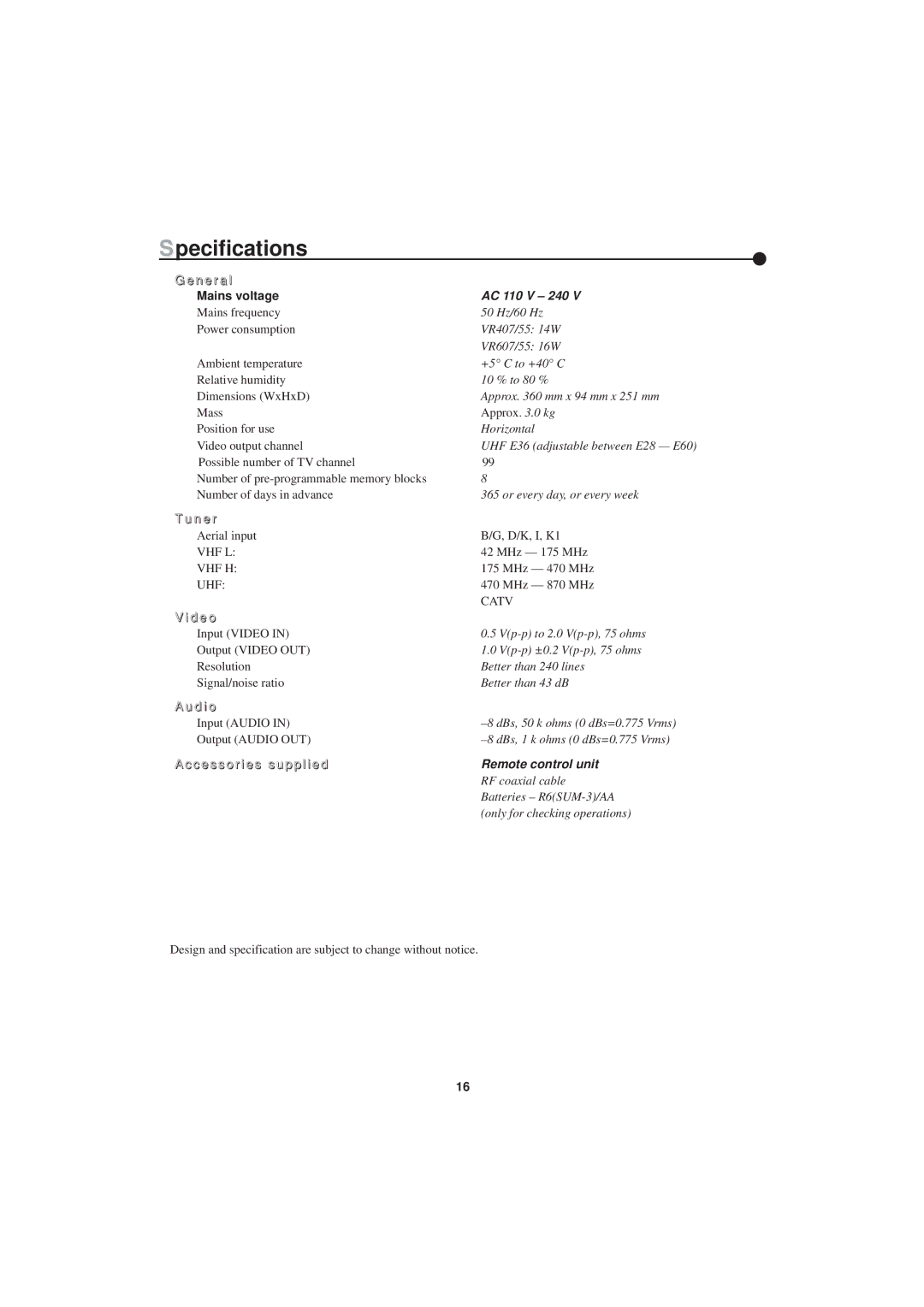 Philips VR607, VR 655, VR455 instruction manual Specifications, Mains voltage 