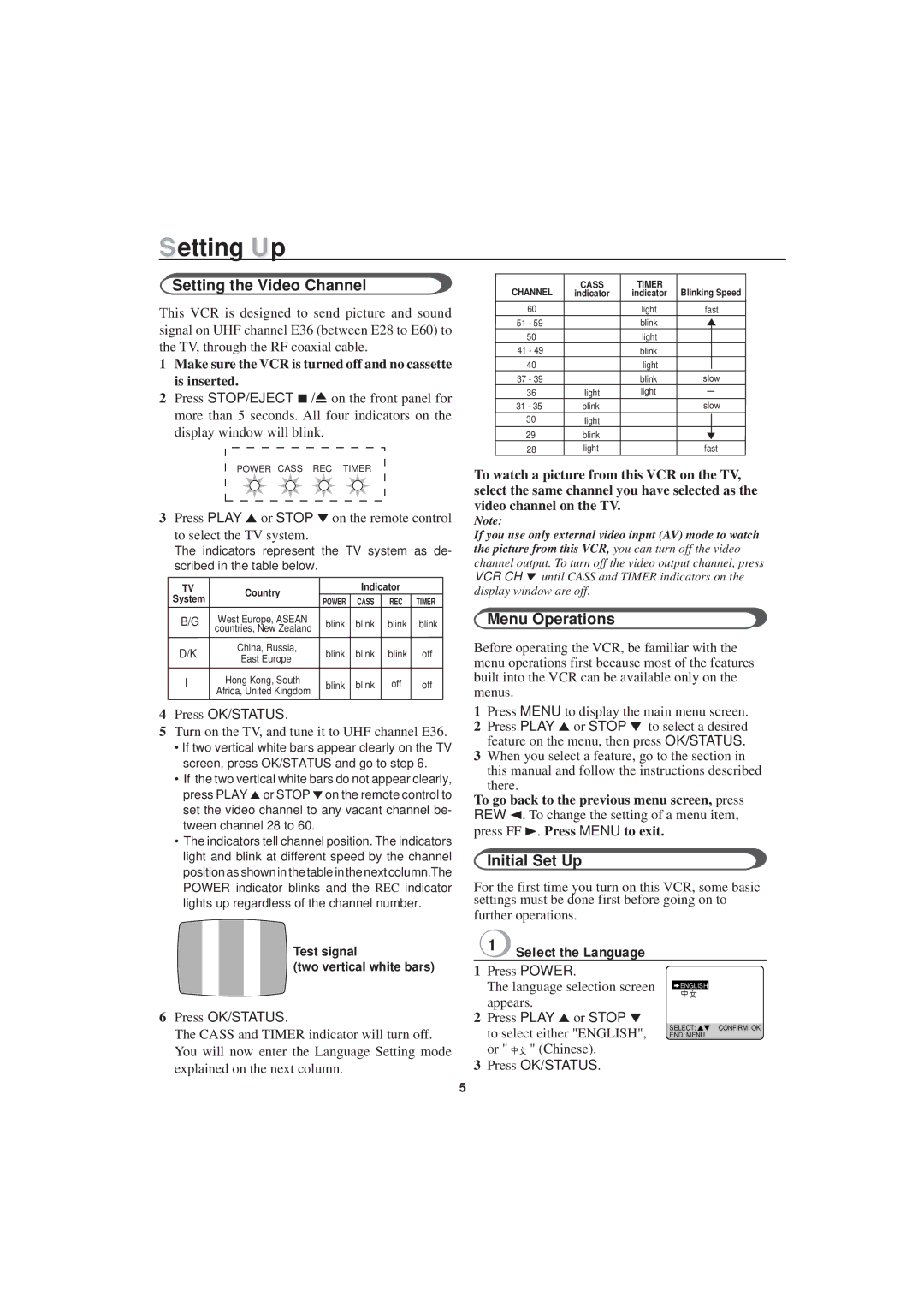 Philips VR455, VR 655, VR607 Setting the Video Channel, Menu Operations, Initial Set Up, Select the Language 