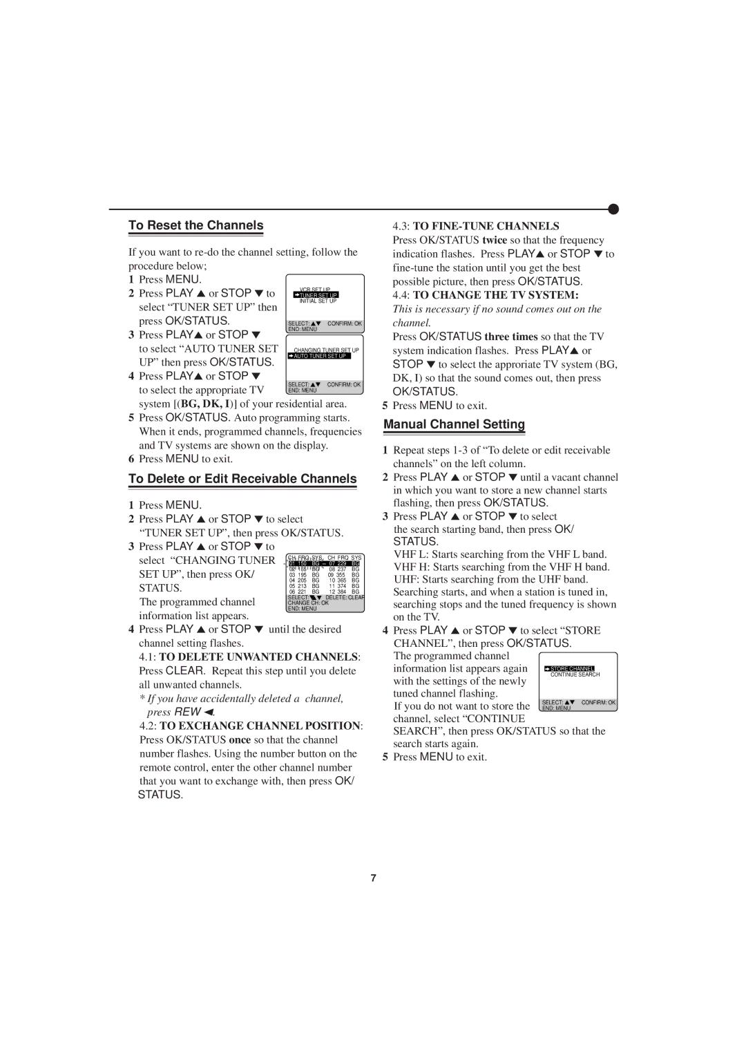 Philips VR607, VR 655, VR455 To Reset the Channels, To Delete or Edit Receivable Channels, Manual Channel Setting 