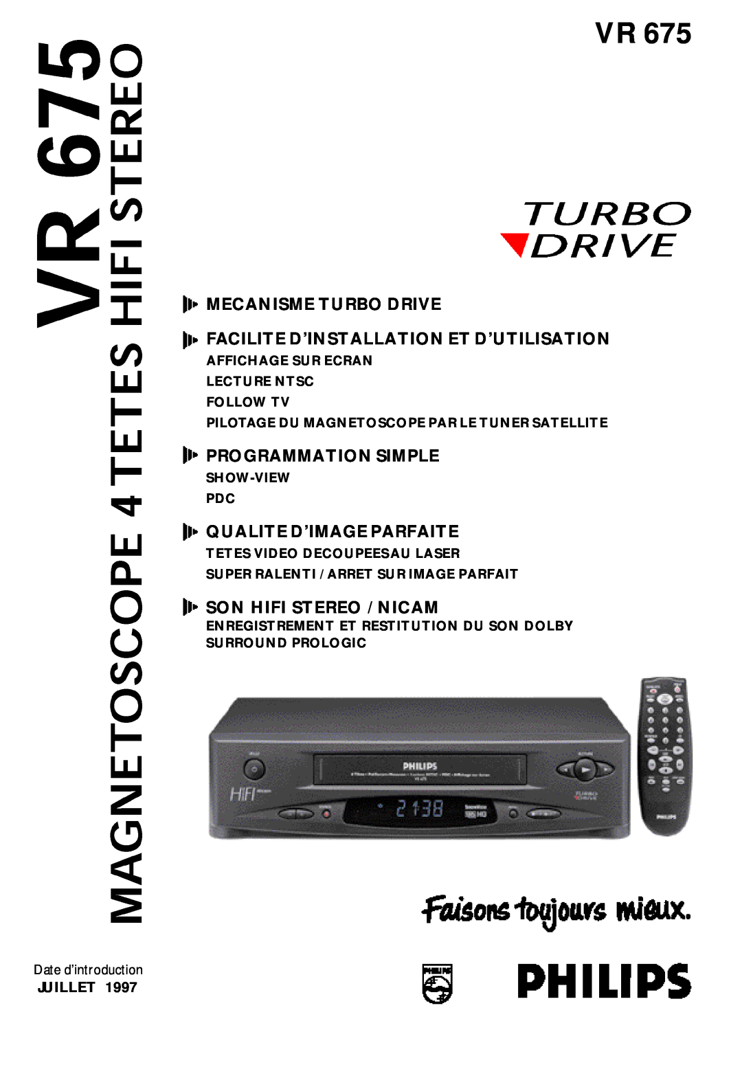Philips VR 675 manual Date d’introduction, Affichage Sur Ecran Lecture Ntsc Follow Tv, Show-View Pdc, Programmation Simple 