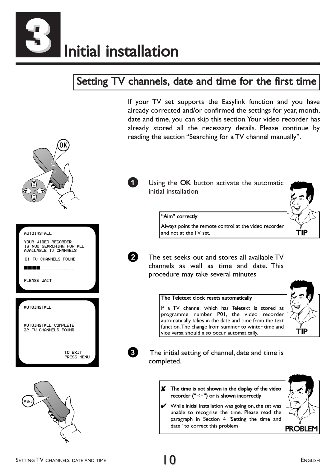 Philips VR 708/07 operating instructions Initial installation, Setting TV channels, date and time for the first time, Tip 