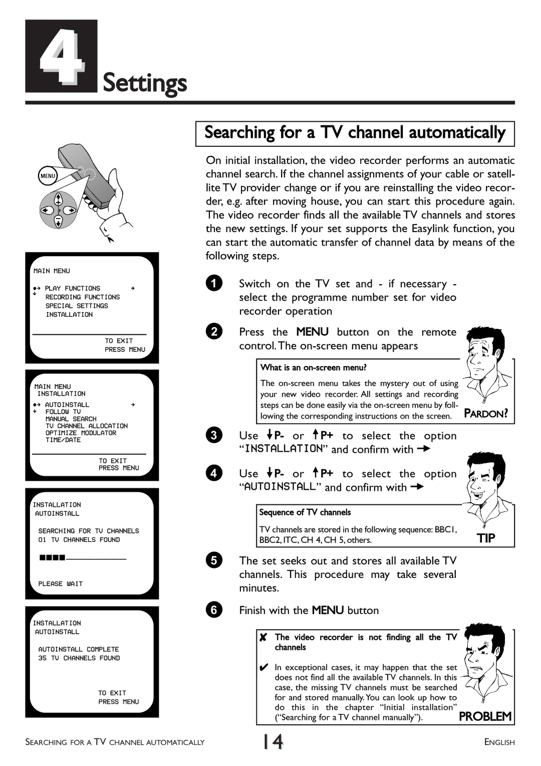 Philips VR 708/07 operating instructions Settings, Searching for a TV channel automatically 