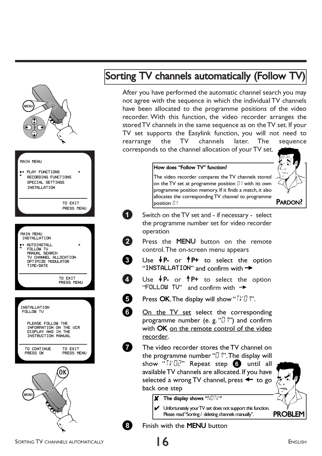 Philips VR 708/07 Sorting TV channels automatically Follow TV, How does Follow TV function?, Position, Display shows Notv 