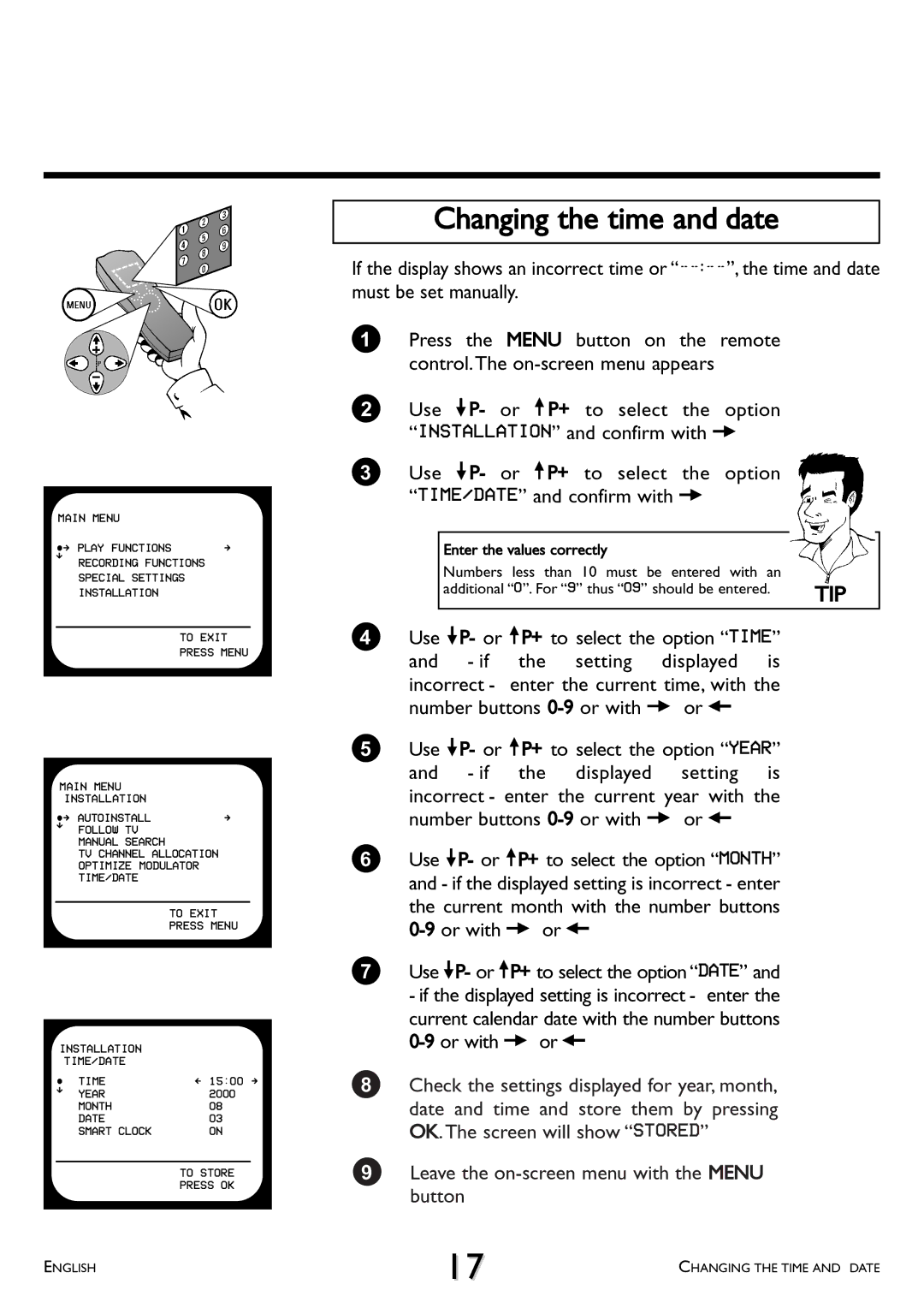 Philips VR 708/07 operating instructions Changing the time and date, Tip 