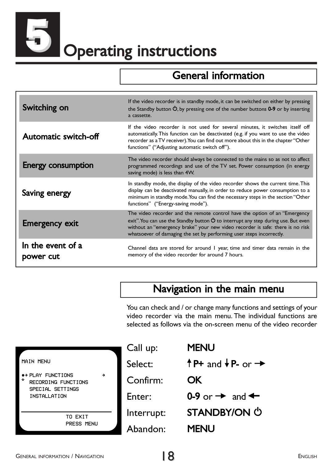 Philips VR 708/07 operating instructions Operating instructions, General information, Navigation in the main menu 