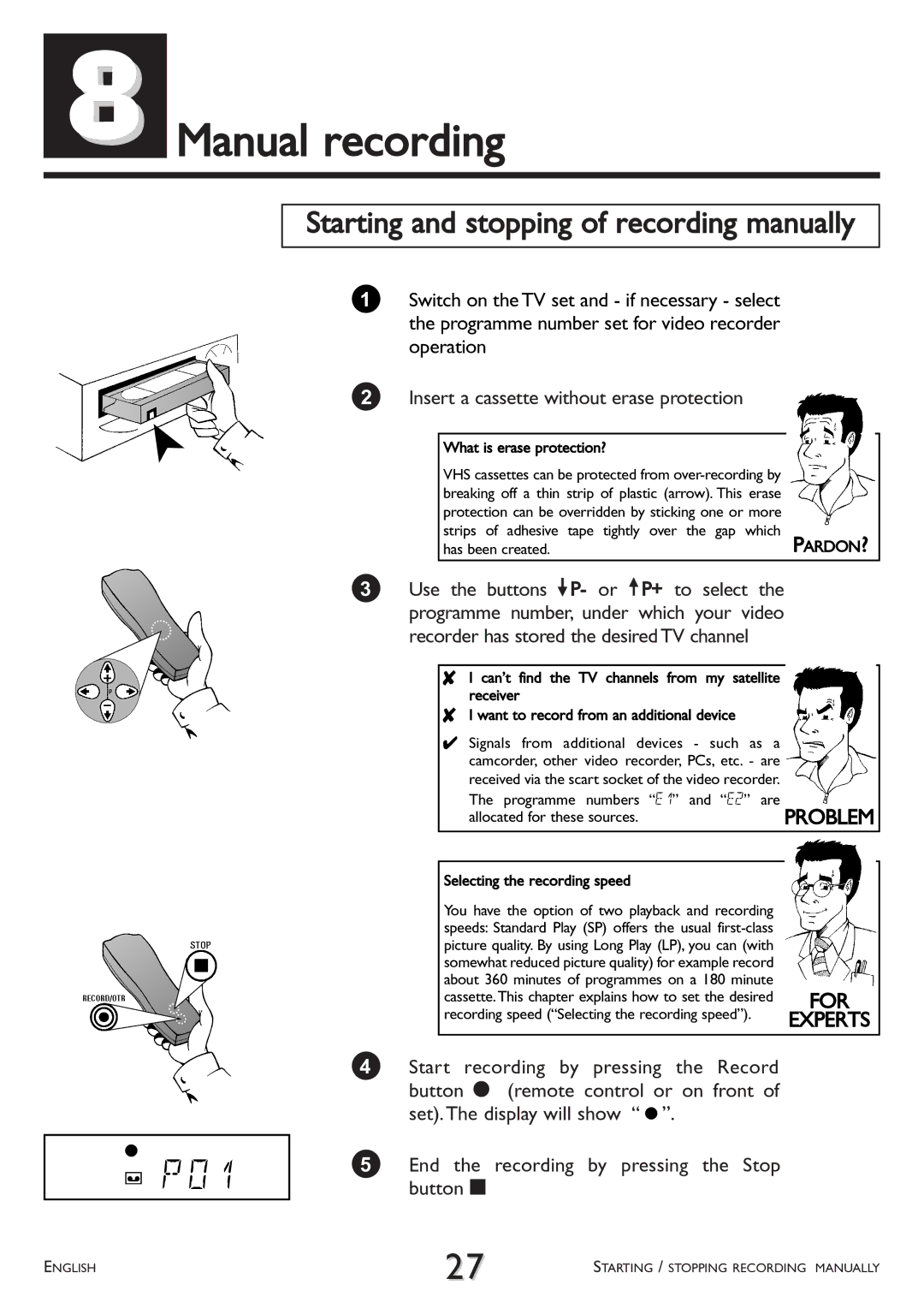 Philips VR 708/07 operating instructions Manual recording, Starting and stopping of recording manually, For 