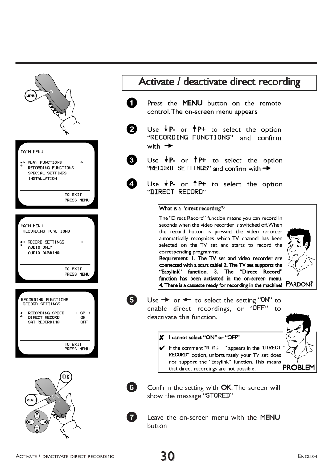 Philips VR 708/07 Activate / deactivate direct recording, Direct Record, Not support the Easylink function. This 