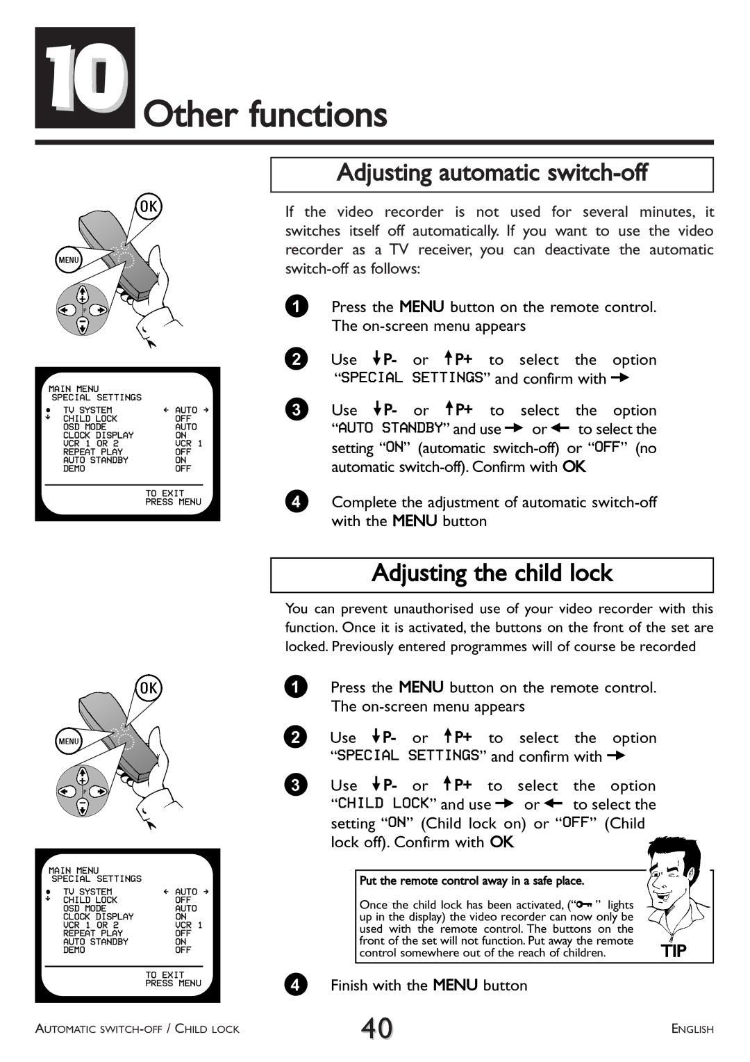 Philips VR 708/07 operating instructions Other functions, Adjusting automatic switch-off, Adjusting the child lock 