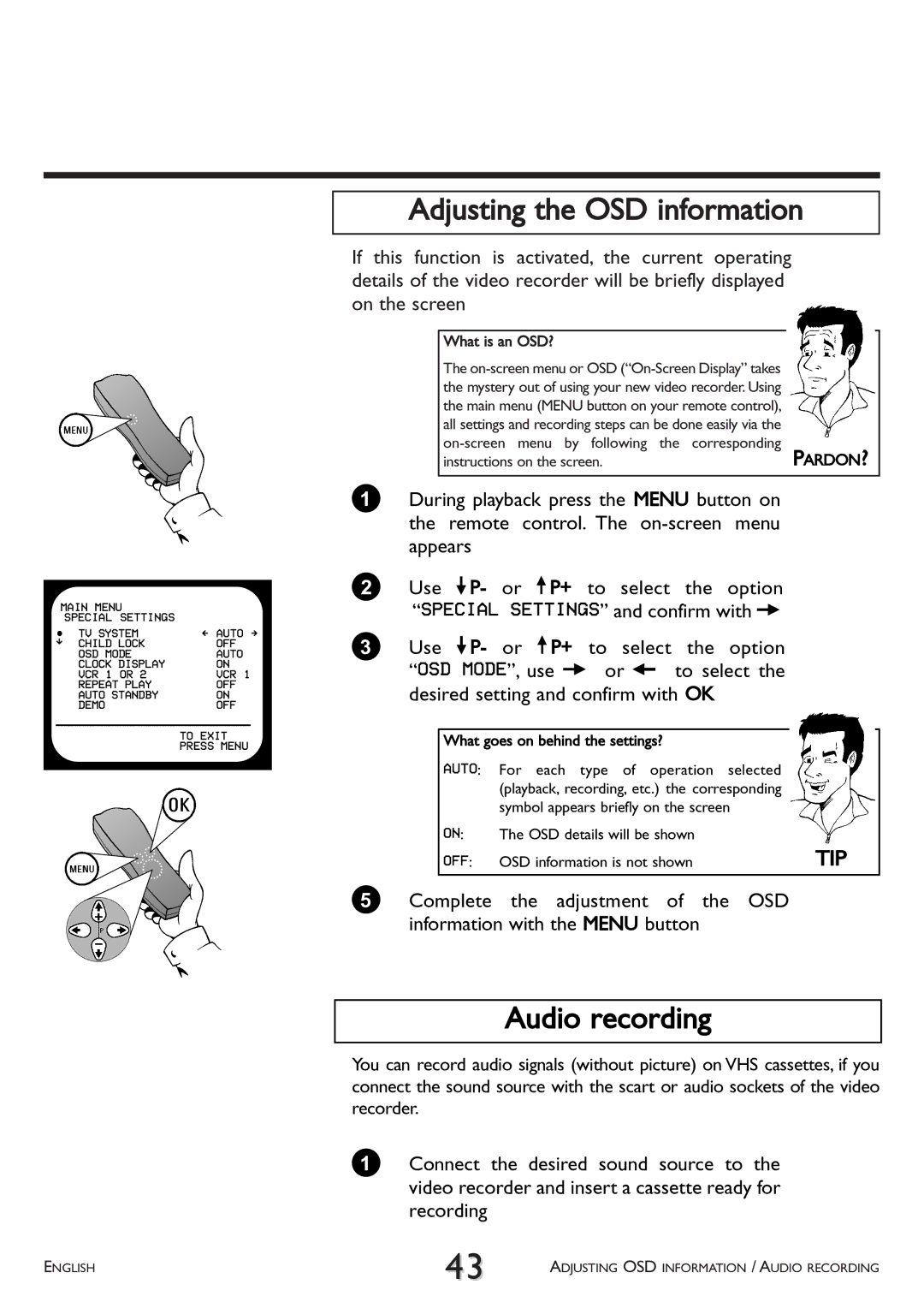 Philips VR 708/07 operating instructions Adjusting the OSD information, Audio recording 