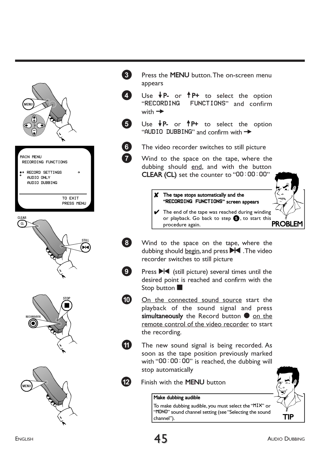 Philips VR 708/07 Tape stops automatically Recording Functions screen appears, Procedure again, Make dubbing audible 