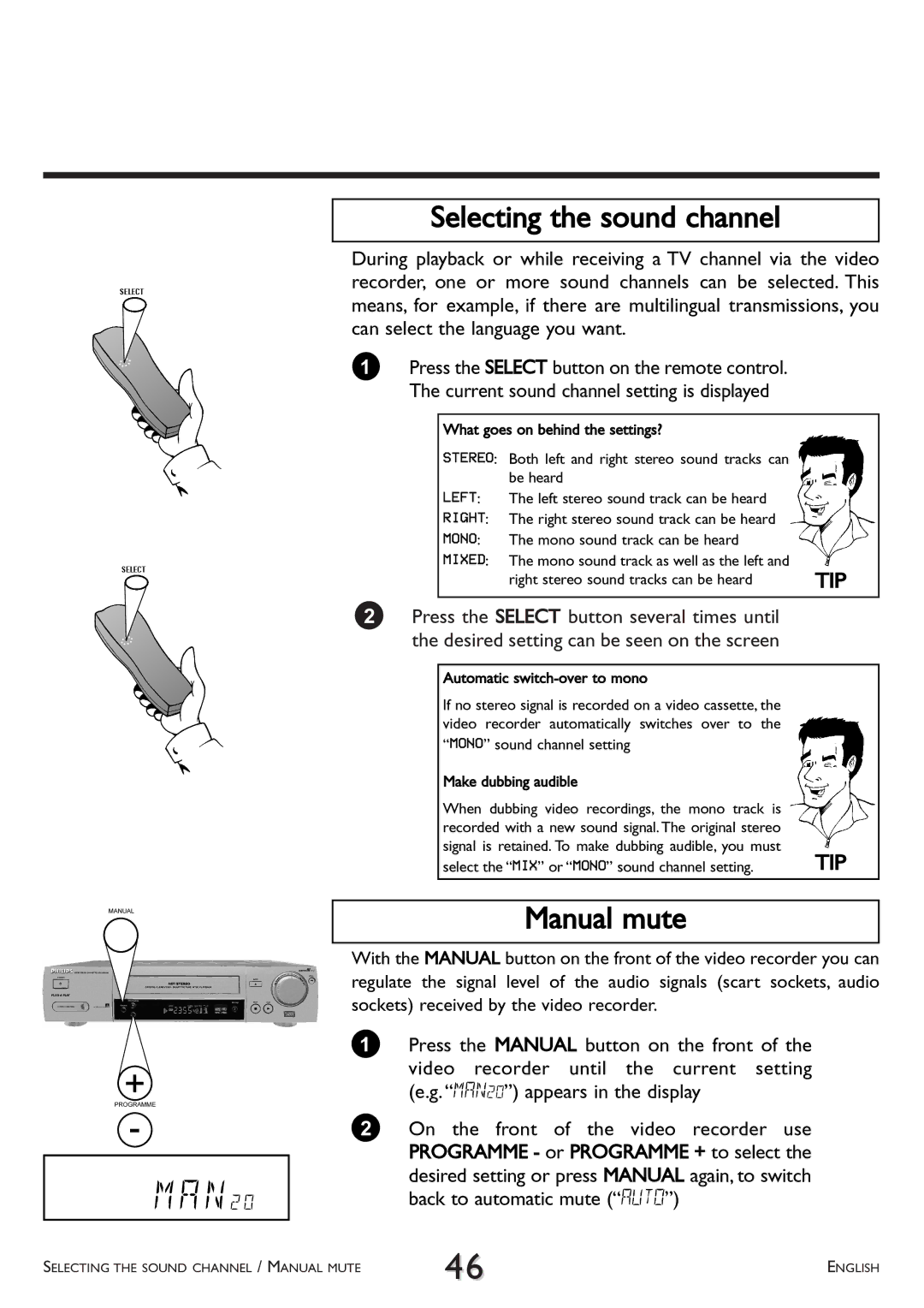 Philips VR 708/07 operating instructions Selecting the sound channel, Manual mute 