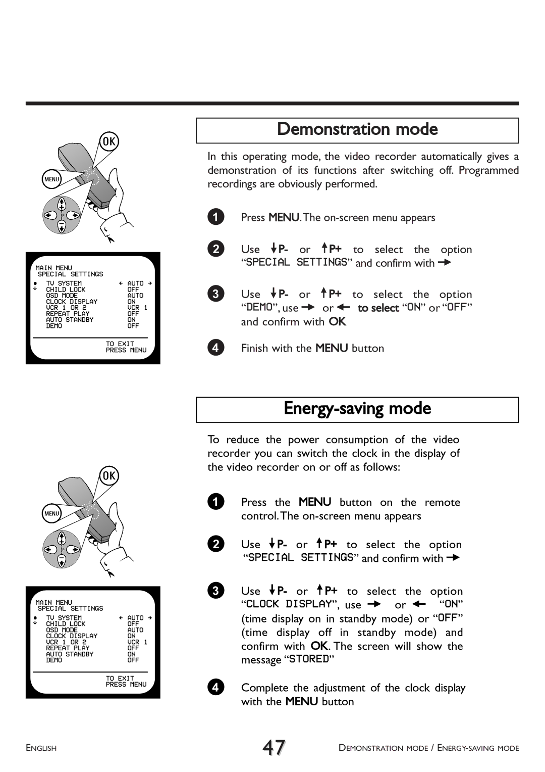 Philips VR 708/07 operating instructions Demonstration mode, Energy-saving mode 