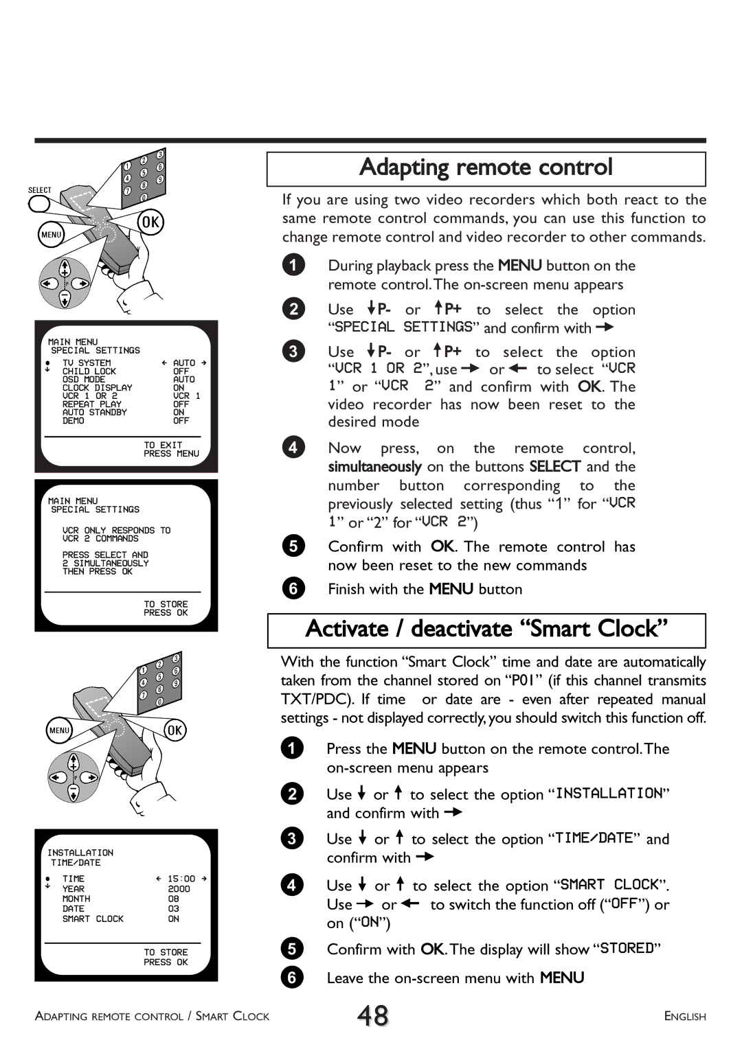 Philips VR 708/07 operating instructions Adapting remote control, Activate / deactivate Smart Clock 