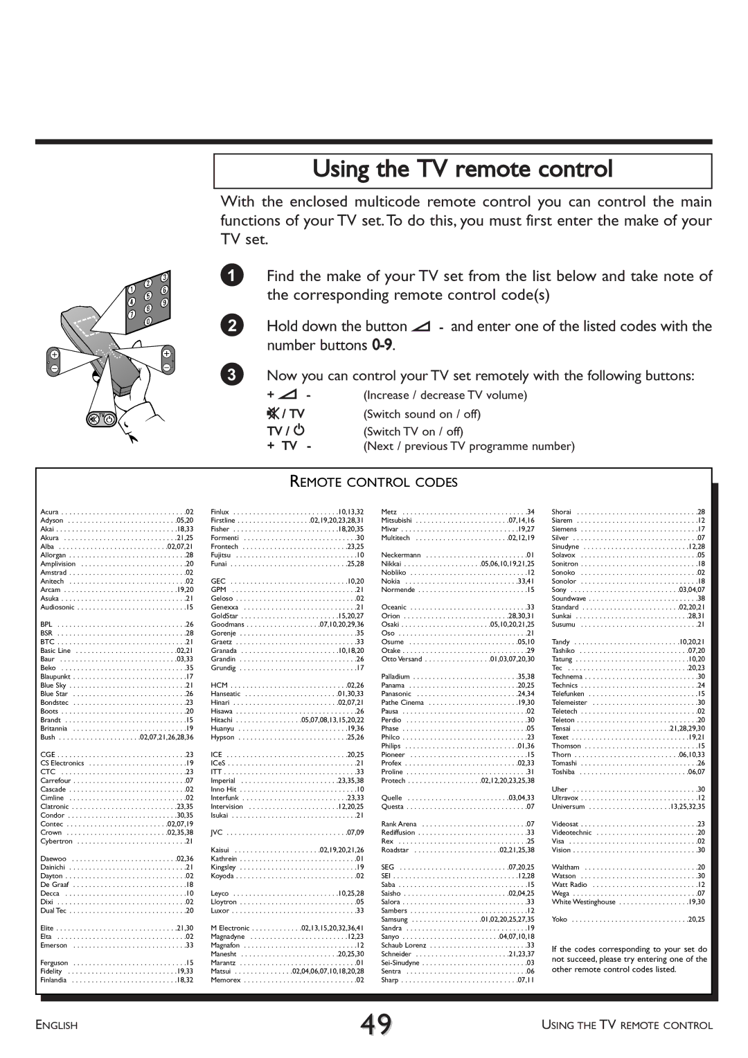 Philips VR 708/07 operating instructions Using the TV remote control, Remote Control Codes 