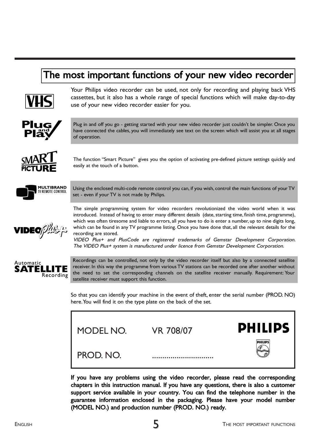 Philips VR 708/07 operating instructions Most important functions of your new video recorder 