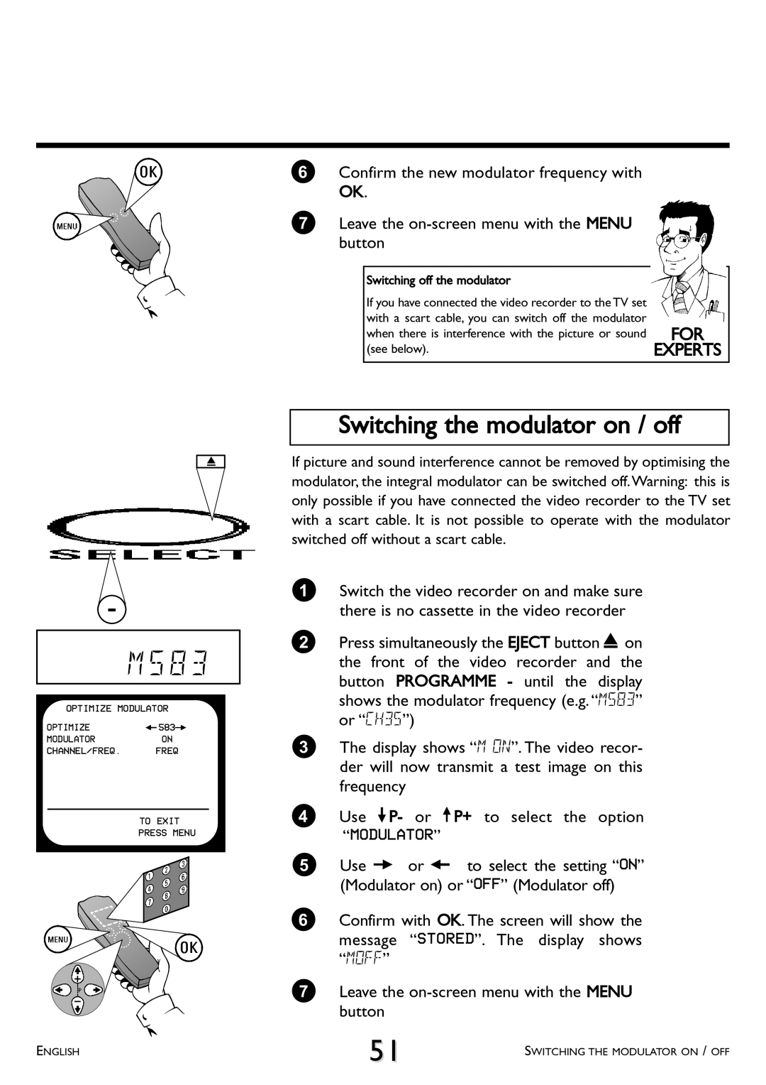 Philips VR 708/07 operating instructions Switching the modulator on / off, Modulator 