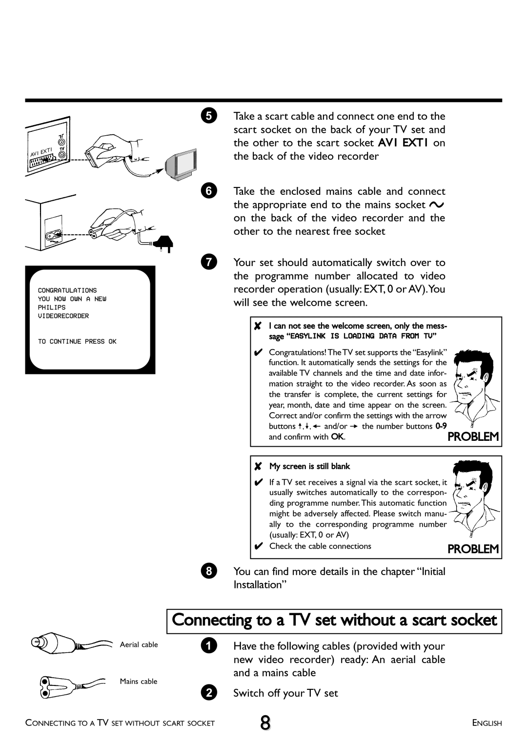 Philips VR 708/07 operating instructions Connecting to a TV set without a scart socket, Confirm with OK 