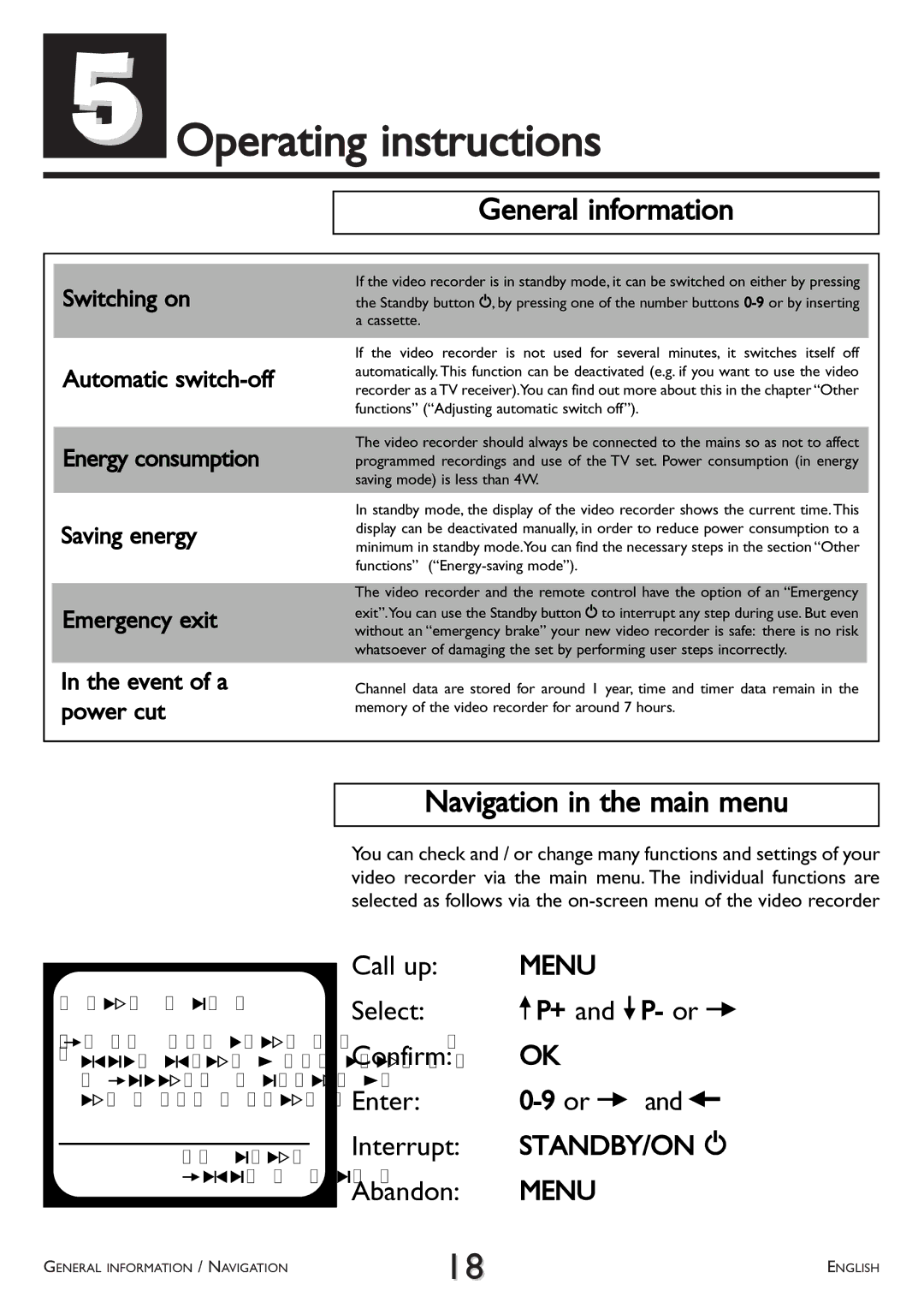 Philips VR 708A/07 operating instructions Operating instructions, General information, Navigation in the main menu 