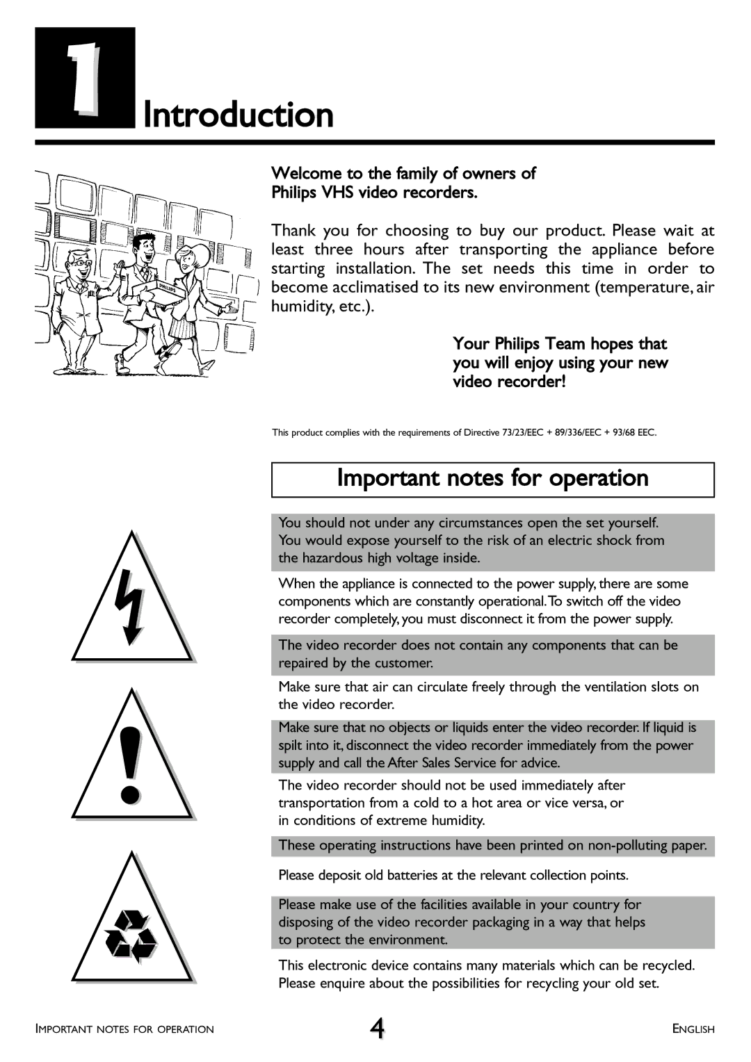 Philips VR 708A/07 operating instructions Introduction, Important notes for operation 