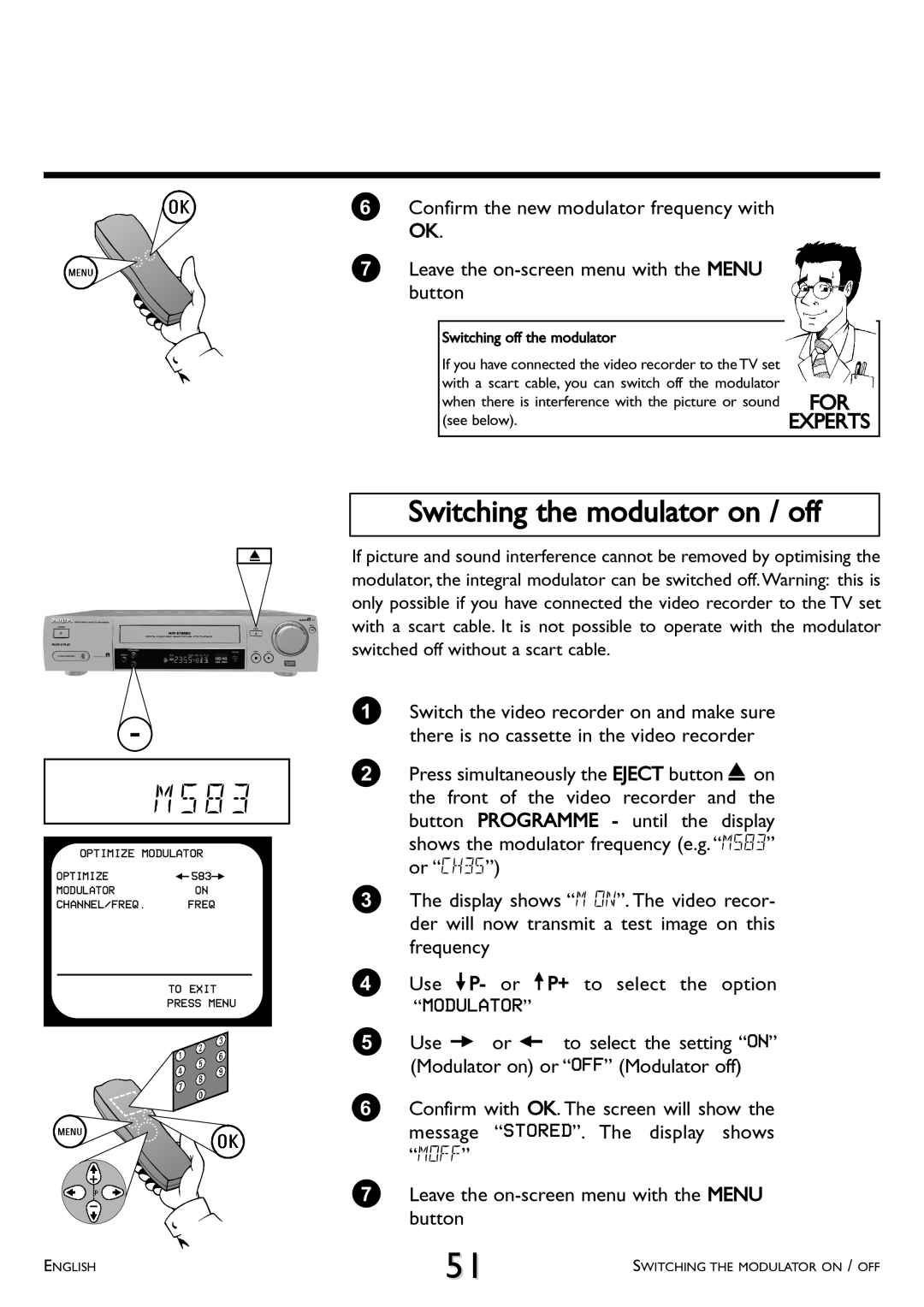 Philips VR 708A/07 operating instructions Switching the modulator on / off, Modulator 