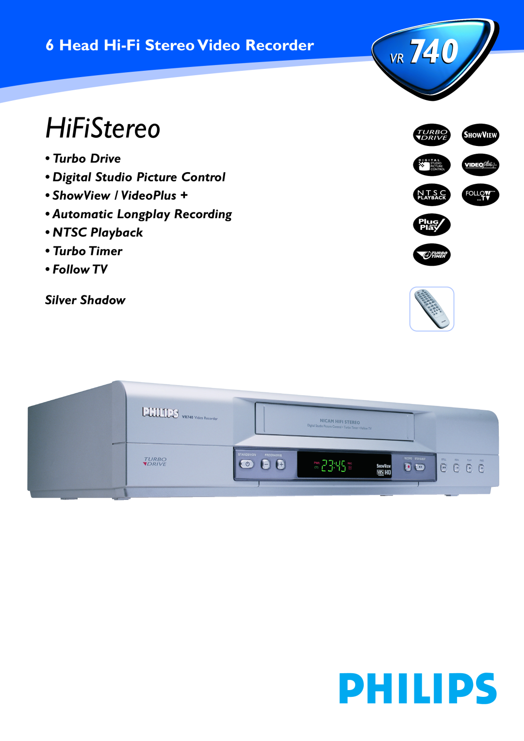 Philips VR 740 manual HiFiStereo, Head Hi-Fi Stereo Video Recorder740, Follow TV Silver Shadow 