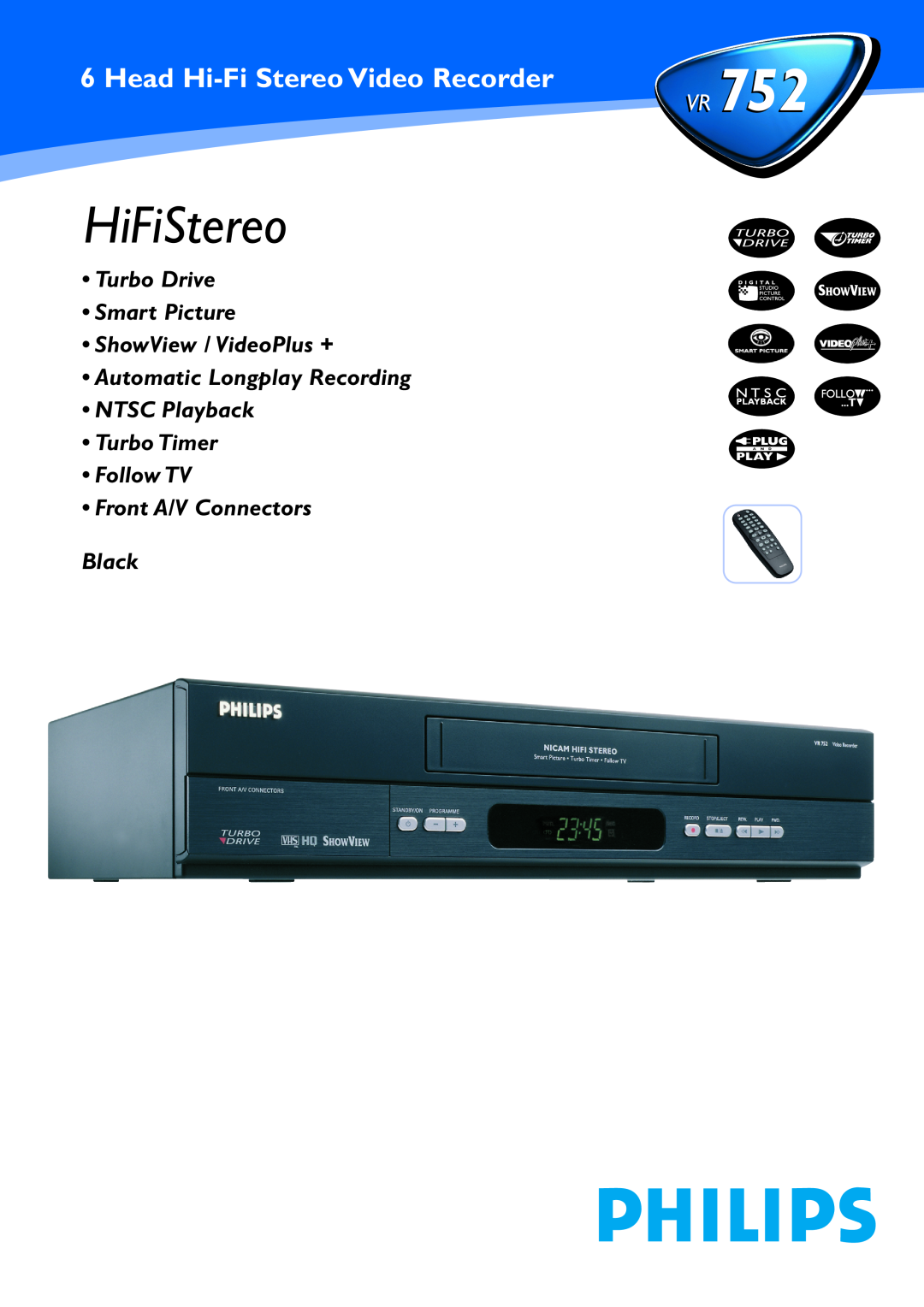 Philips VR 752VR manual HiFiStereo, Head Hi-FiStereo Video Recorder752, Turbo Drive Smart Picture, ShowView / VideoPlus + 