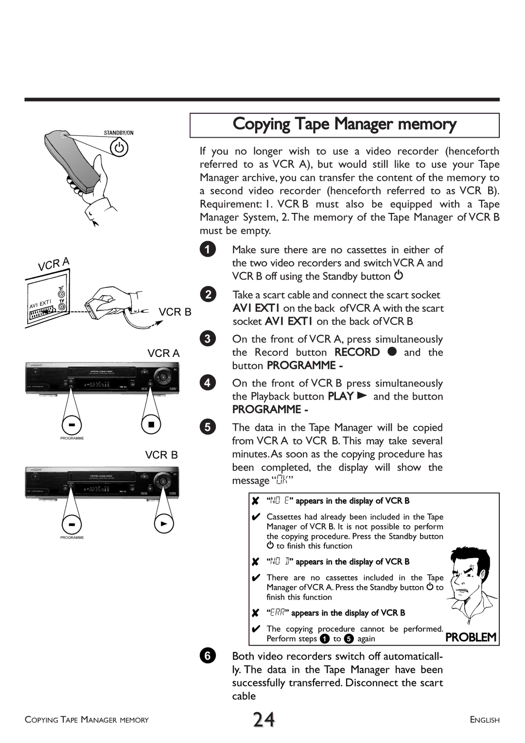 Philips VR 765/07, VR 766/07, VR 710/07 Copying Tape Manager memory, Programme, Perform steps 1 to 5 again 