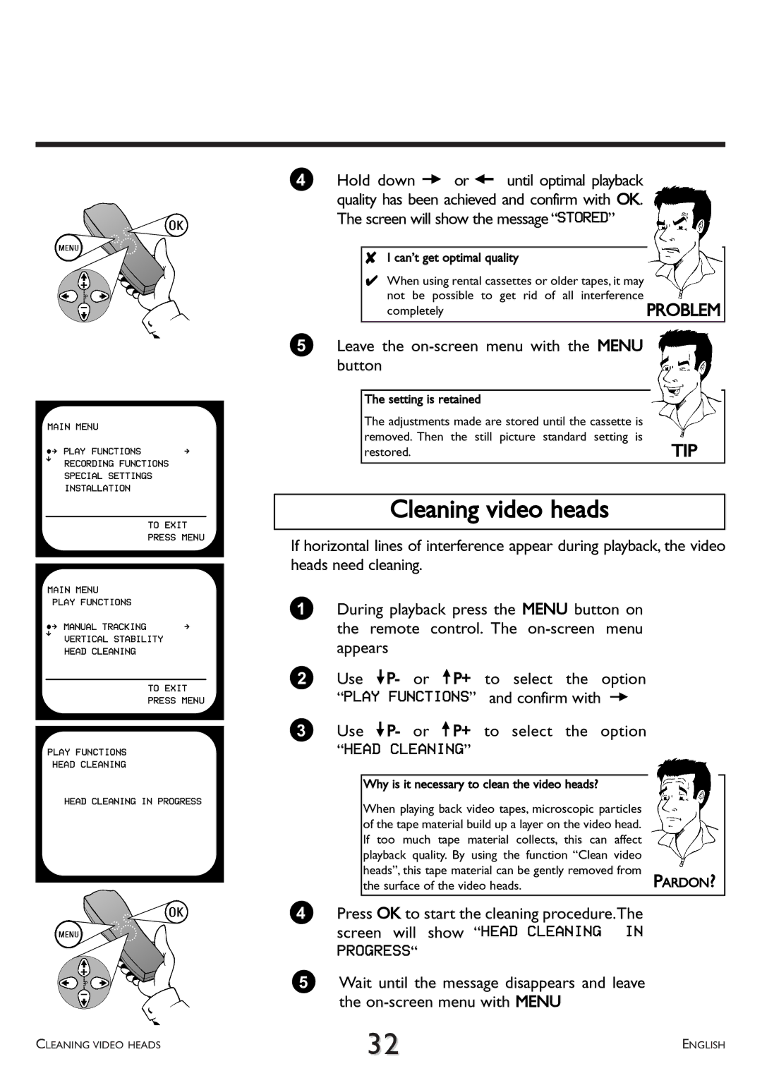 Philips VR 710/07, VR 765/07, VR 766/07 operating instructions Cleaning video heads, Head Cleaning 