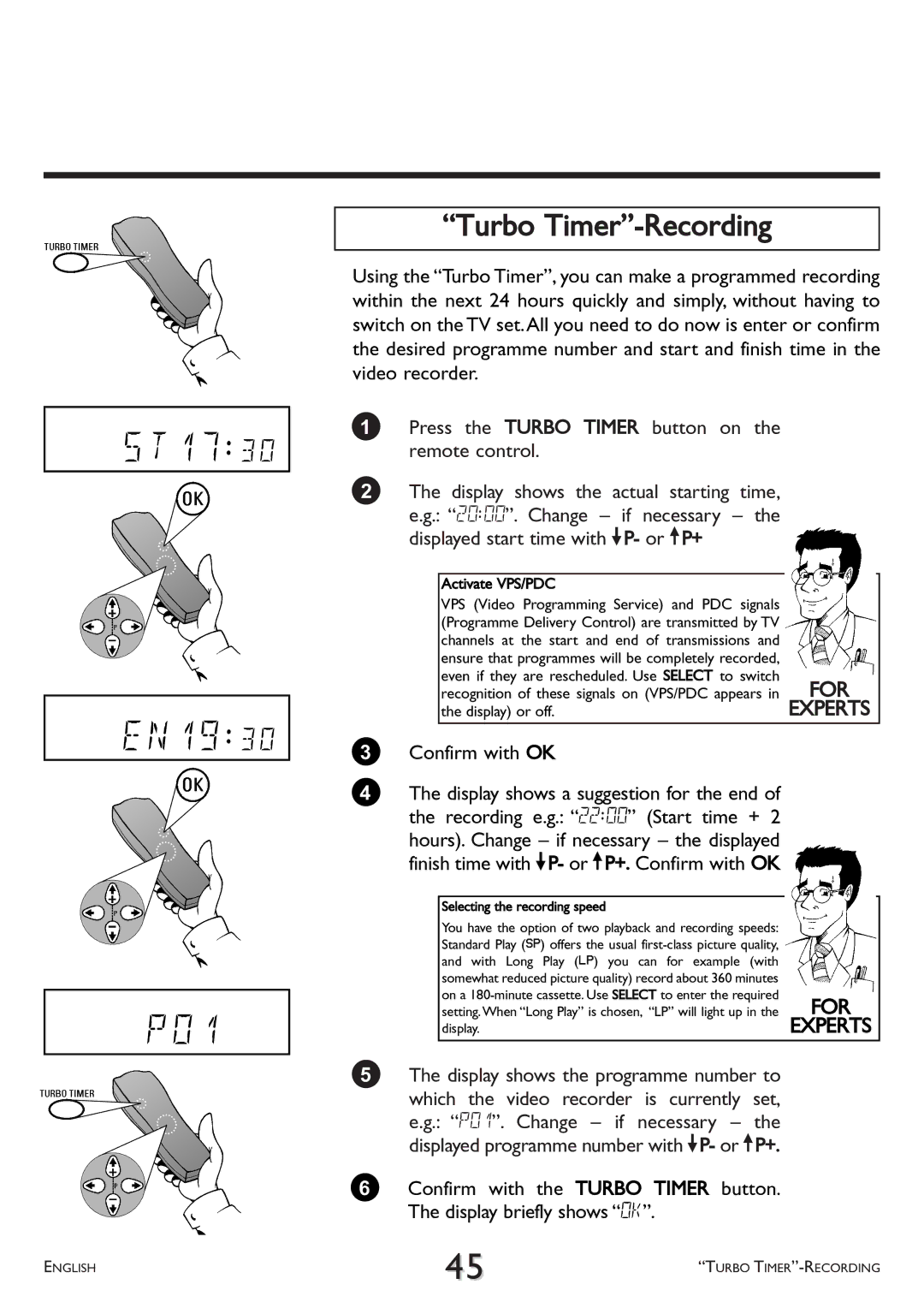 Philips VR 765/07, VR 766/07, VR 710/07 operating instructions Turbo Timer-Recording, Display or off 