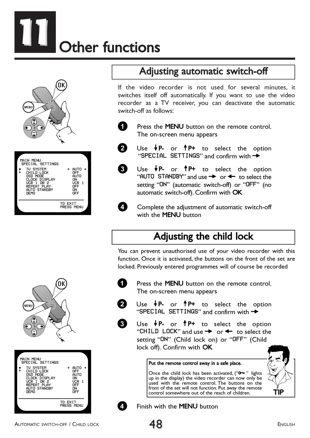 Philips VR 765/07, VR 766/07, VR 710/07 11Other functions, Adjusting automatic switch-off, Adjusting the child lock 