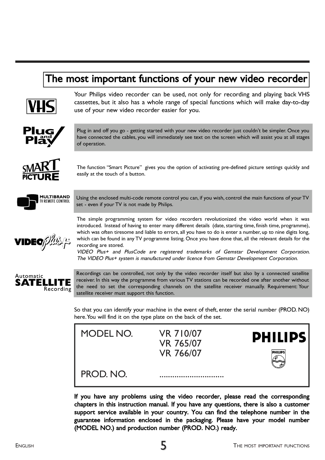 Philips VR 710/07, VR 765/07, VR 766/07 operating instructions Most important functions of your new video recorder 