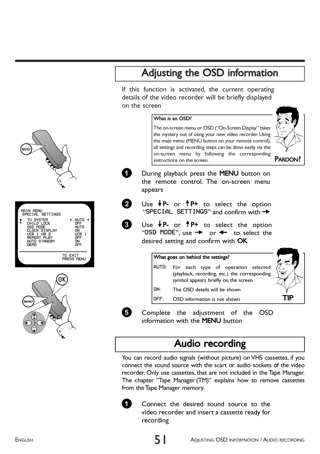 Philips VR 765/07, VR 766/07, VR 710/07 operating instructions Adjusting the OSD information, Audio recording 