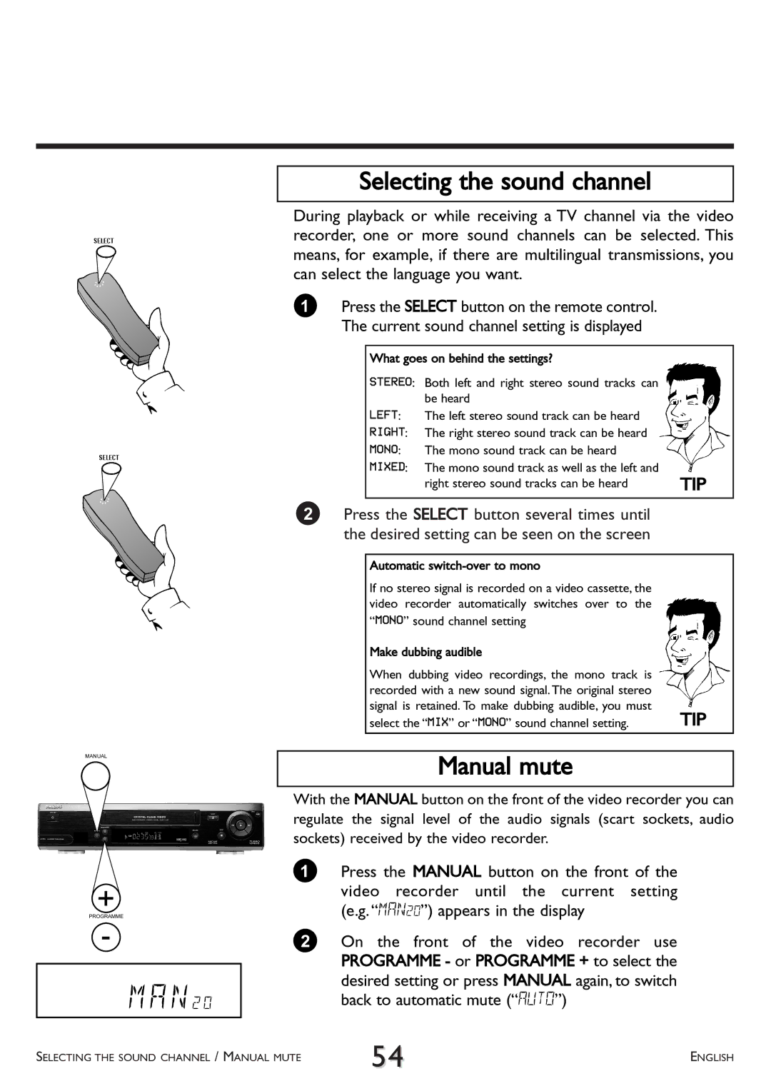 Philips VR 765/07, VR 766/07, VR 710/07 operating instructions Selecting the sound channel, Manual mute 