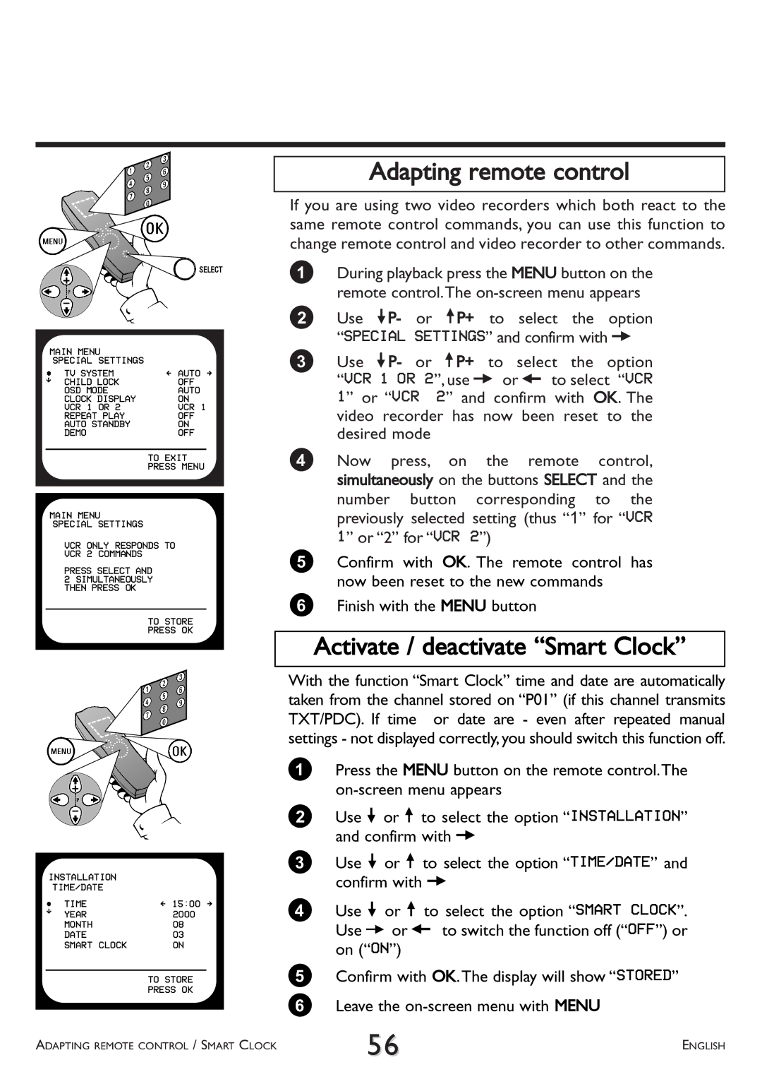 Philips VR 710/07, VR 765/07, VR 766/07 operating instructions Adapting remote control, Activate / deactivate Smart Clock 