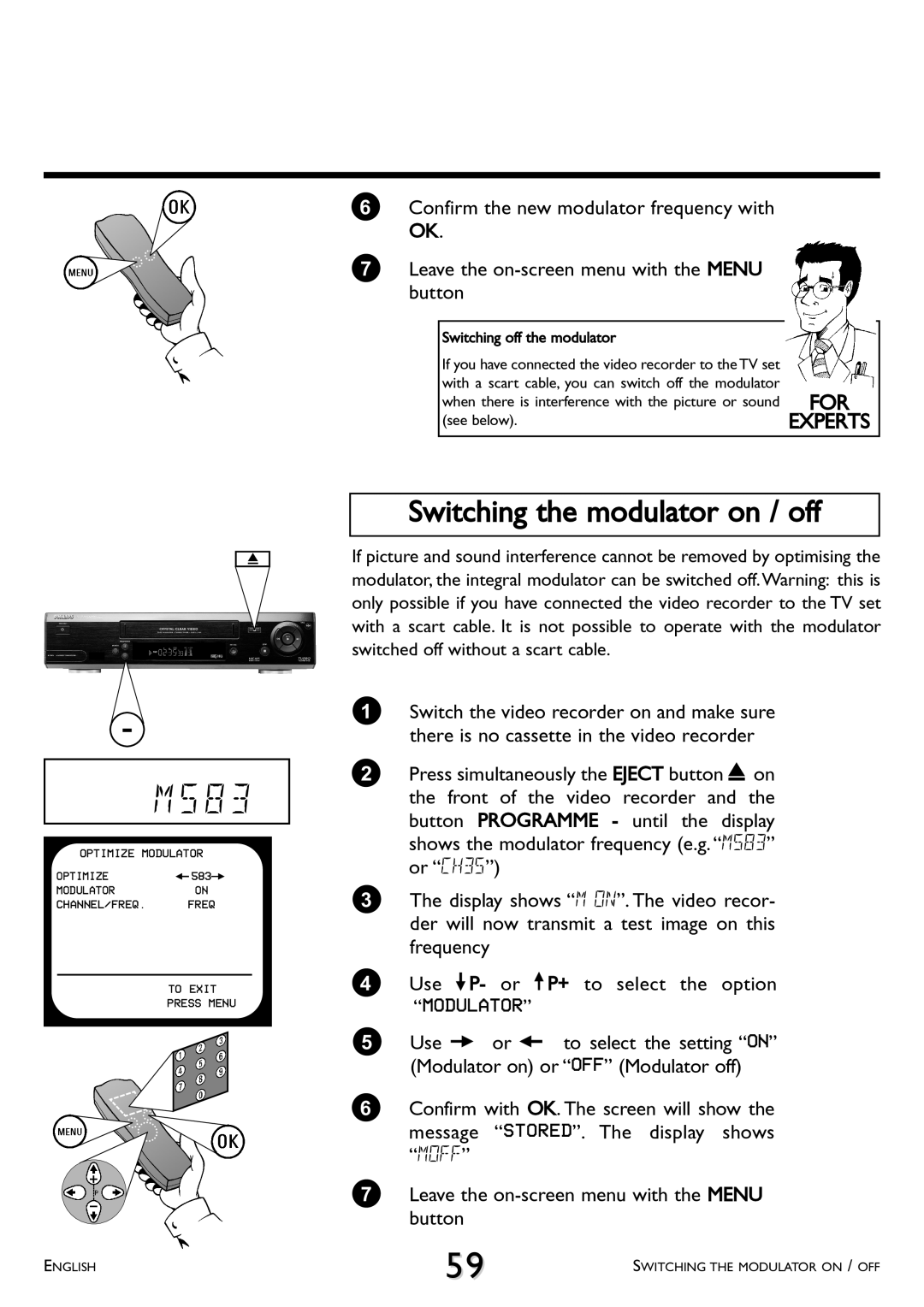 Philips VR 710/07, VR 765/07, VR 766/07 operating instructions Switching the modulator on / off, Modulator 